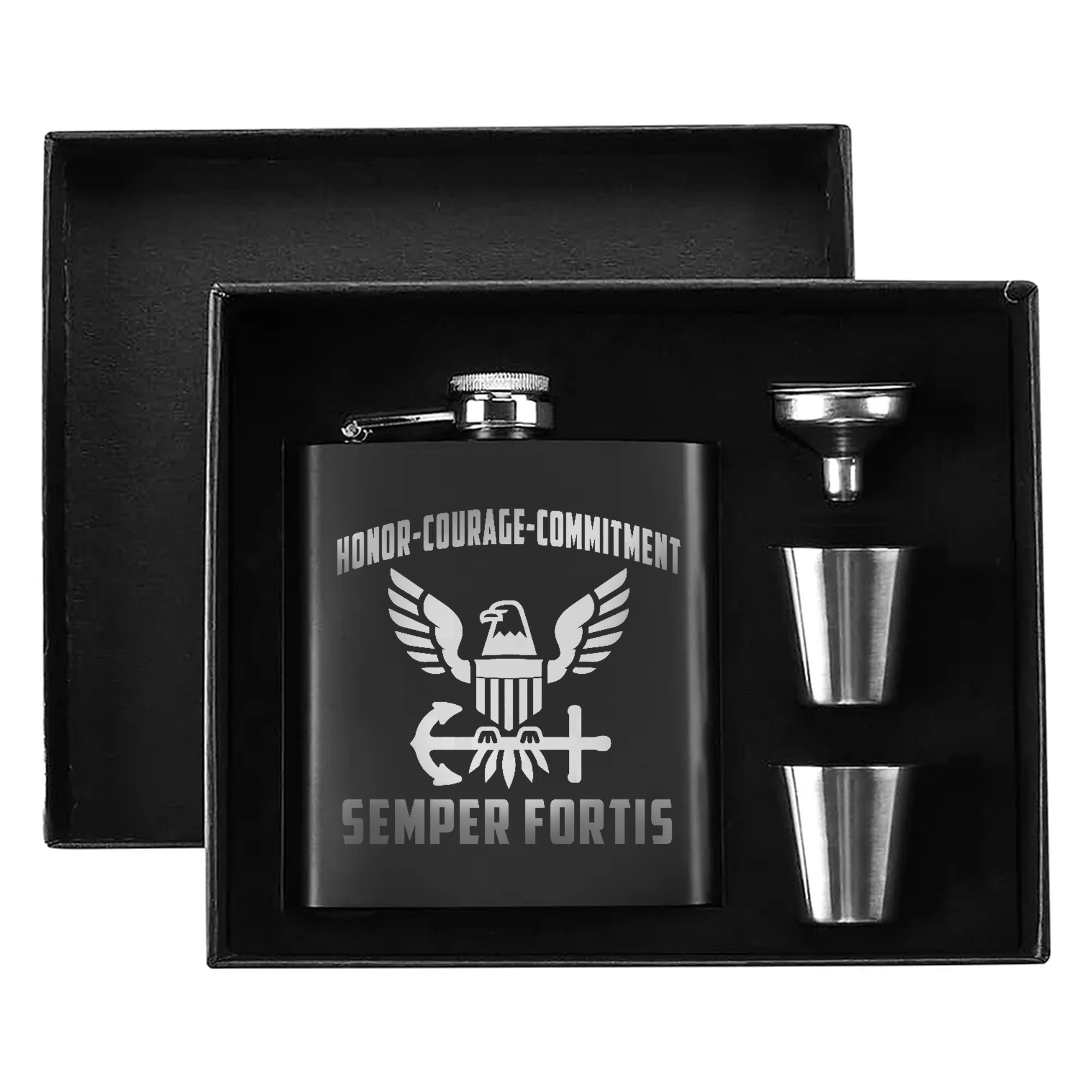 Honor Courage Commitment Gift for Veterans Hip Flask Set