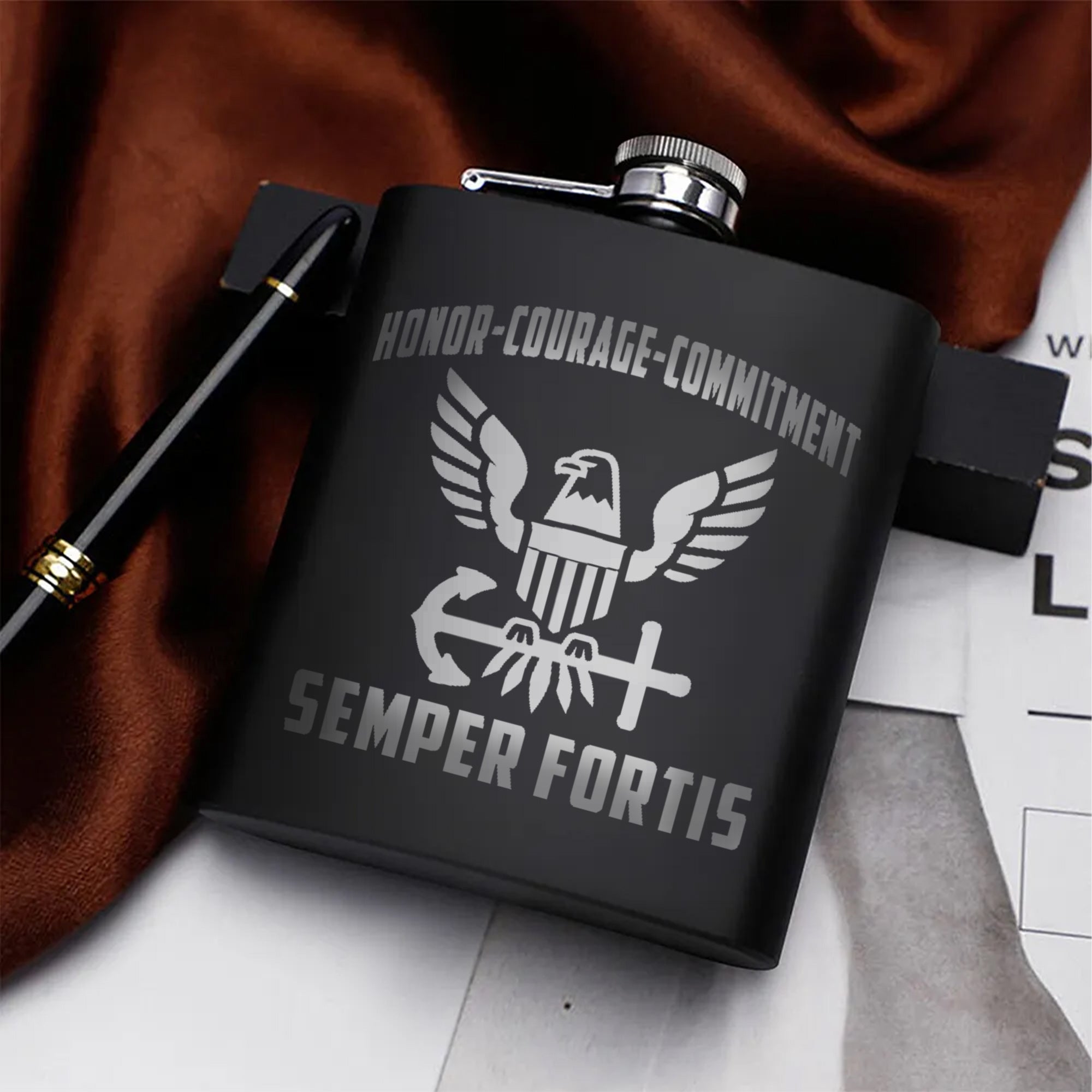 Honor Courage Commitment Gift for Veterans Hip Flask Set
