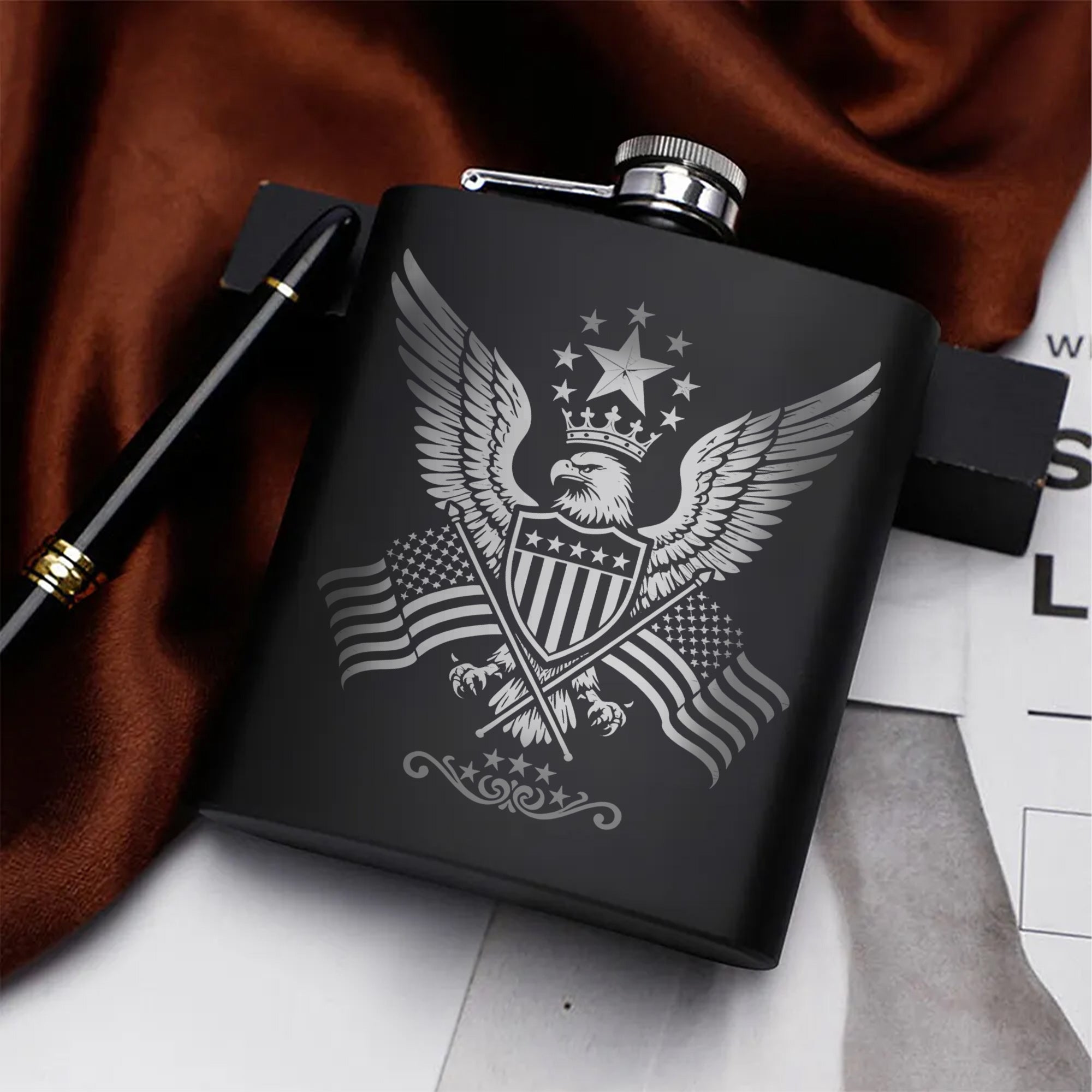 Patriotic Eagle Emblem Design Hip Flask Set