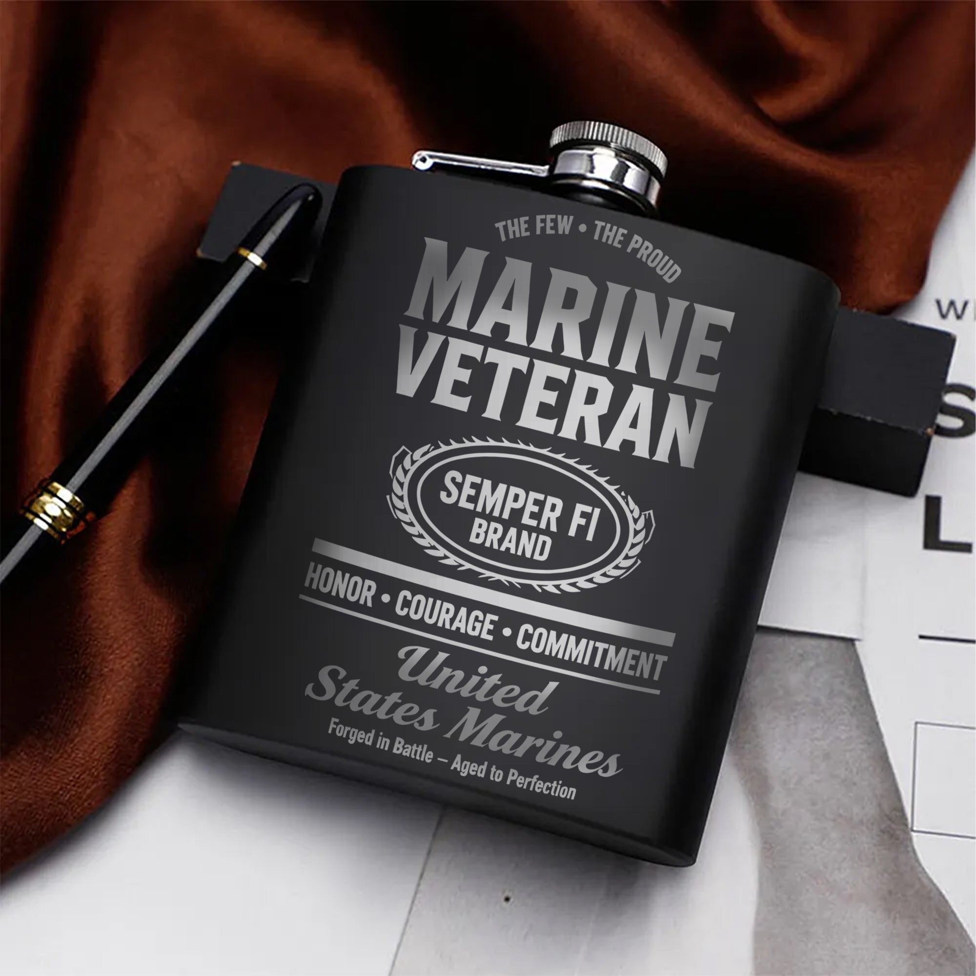 Proud Marine Veteran Tribute Hip Flask Set