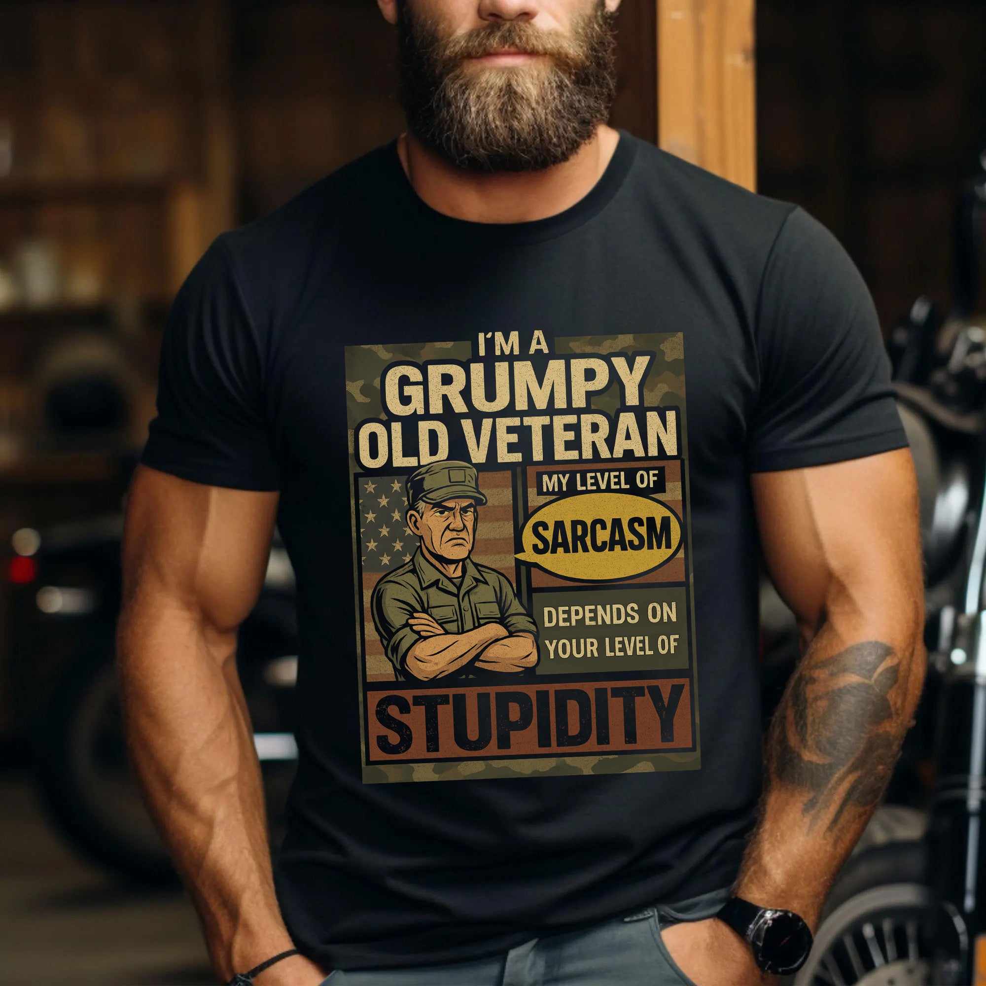 I’m a Grumpy Old Veteran My Sarcasm Depends on Your Level of Stupidity Funny US Military T-Shirt