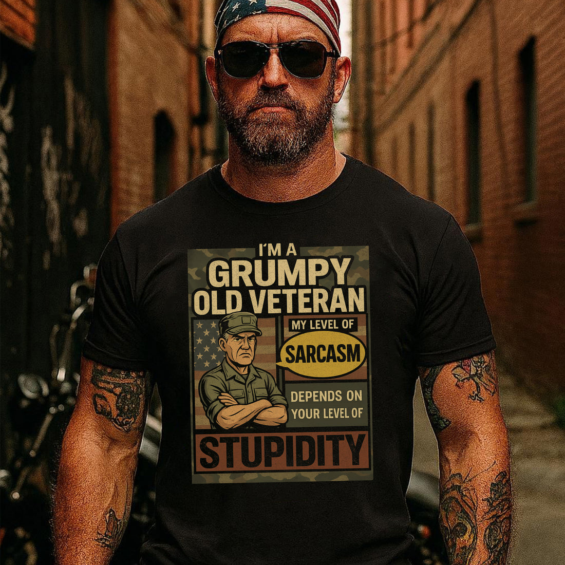 I’m a Grumpy Old Veteran My Sarcasm Depends on Your Level of Stupidity Funny US Military T-Shirt