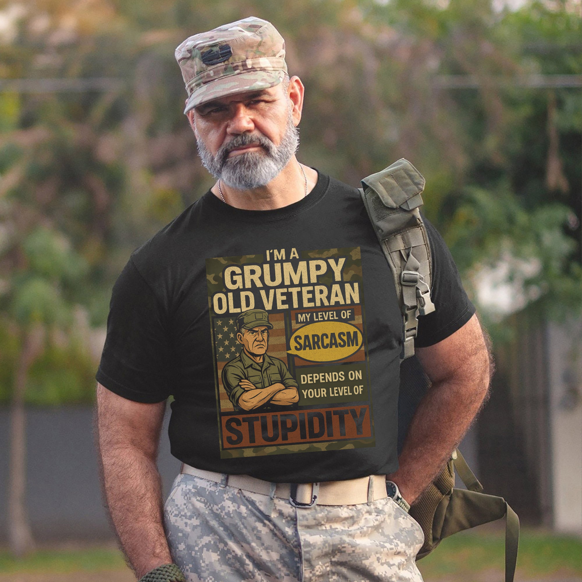 I’m a Grumpy Old Veteran My Sarcasm Depends on Your Level of Stupidity Funny US Military T-Shirt