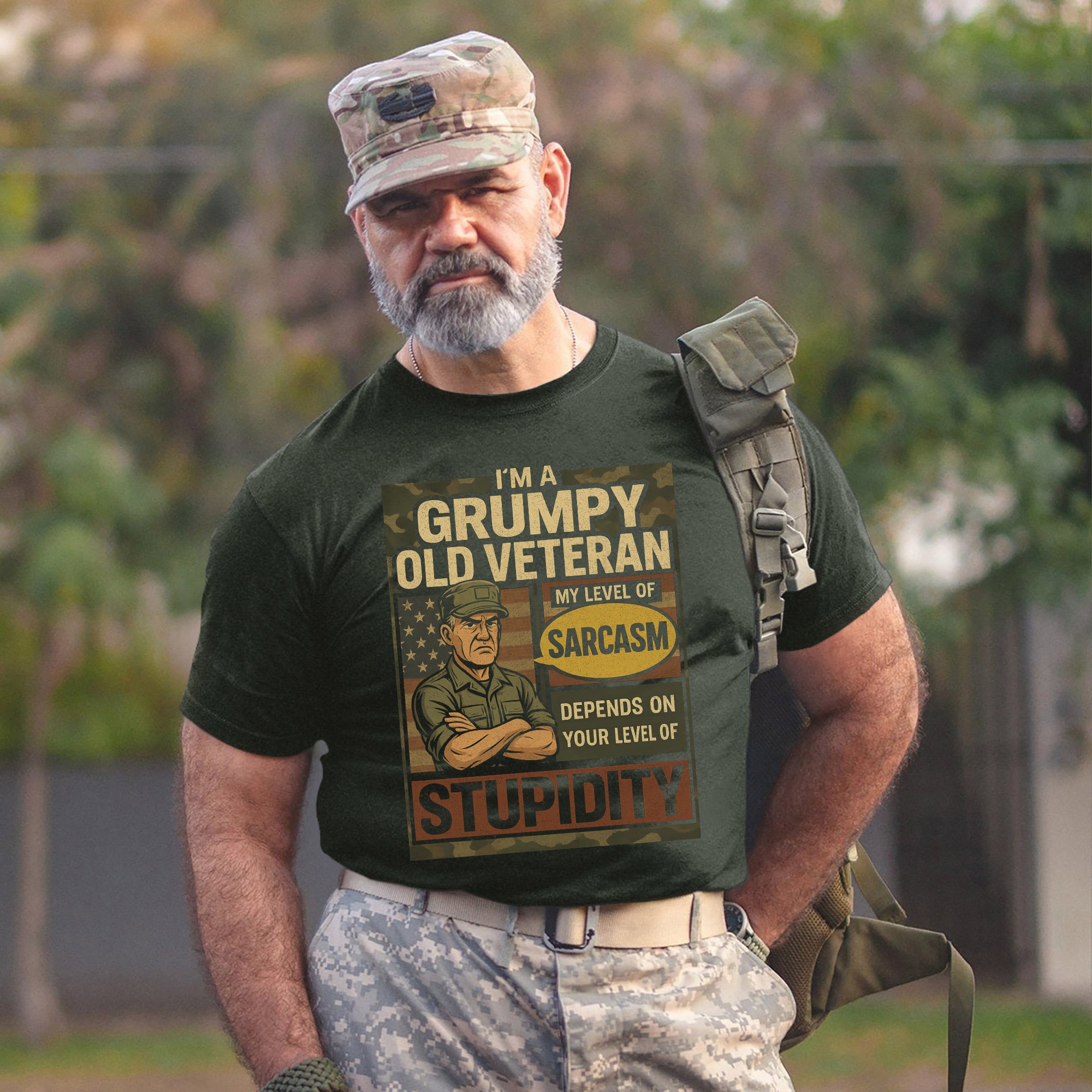 I’m a Grumpy Old Veteran My Sarcasm Depends on Your Level of Stupidity Funny US Military T-Shirt