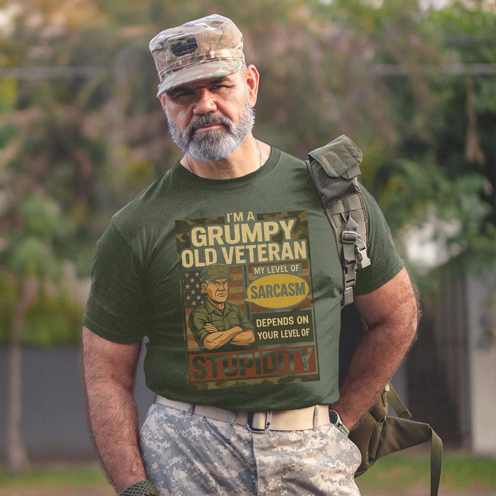 I’m a Grumpy Old Veteran My Sarcasm Depends on Your Level of Stupidity Funny US Military T-Shirt