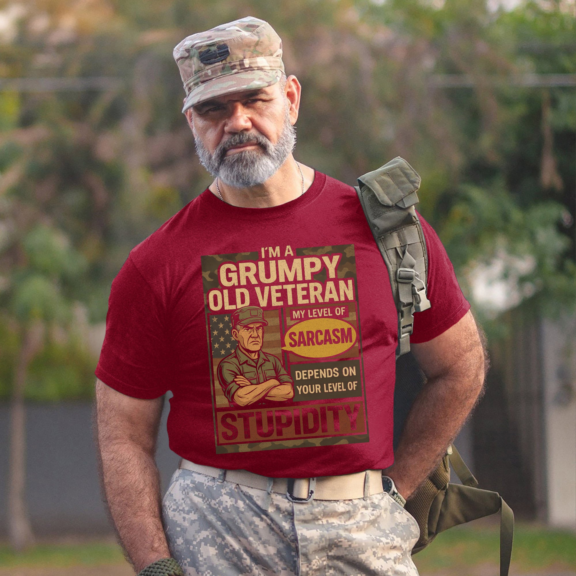 I’m a Grumpy Old Veteran My Sarcasm Depends on Your Level of Stupidity Funny US Military T-Shirt