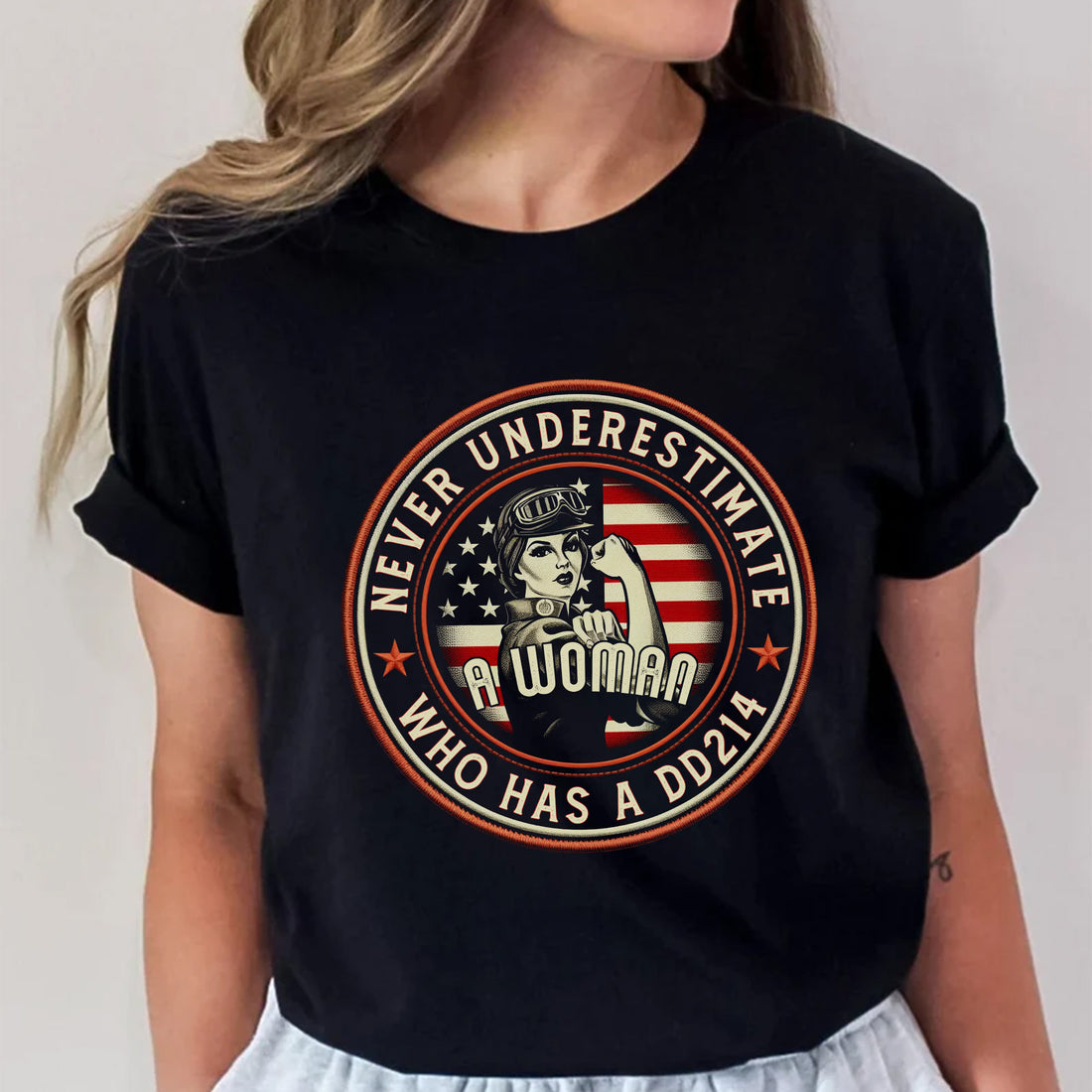 Never Underestimate a Woman Who Has a DD214 Proud Female US Military Veteran T-Shirt