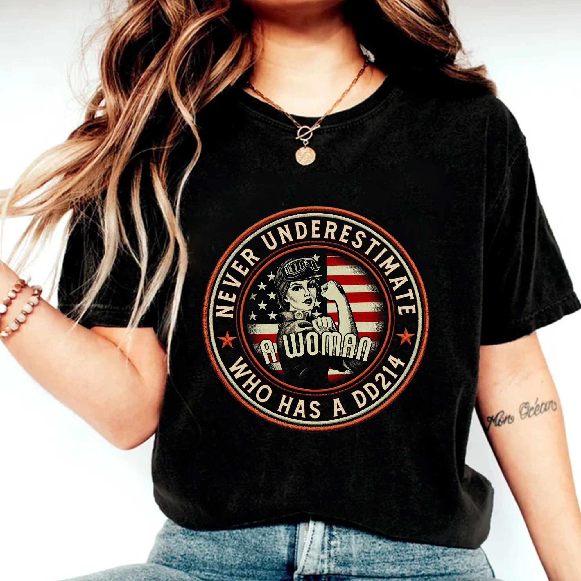 Never Underestimate a Woman Who Has a DD214 Proud Female US Military Veteran T-Shirt