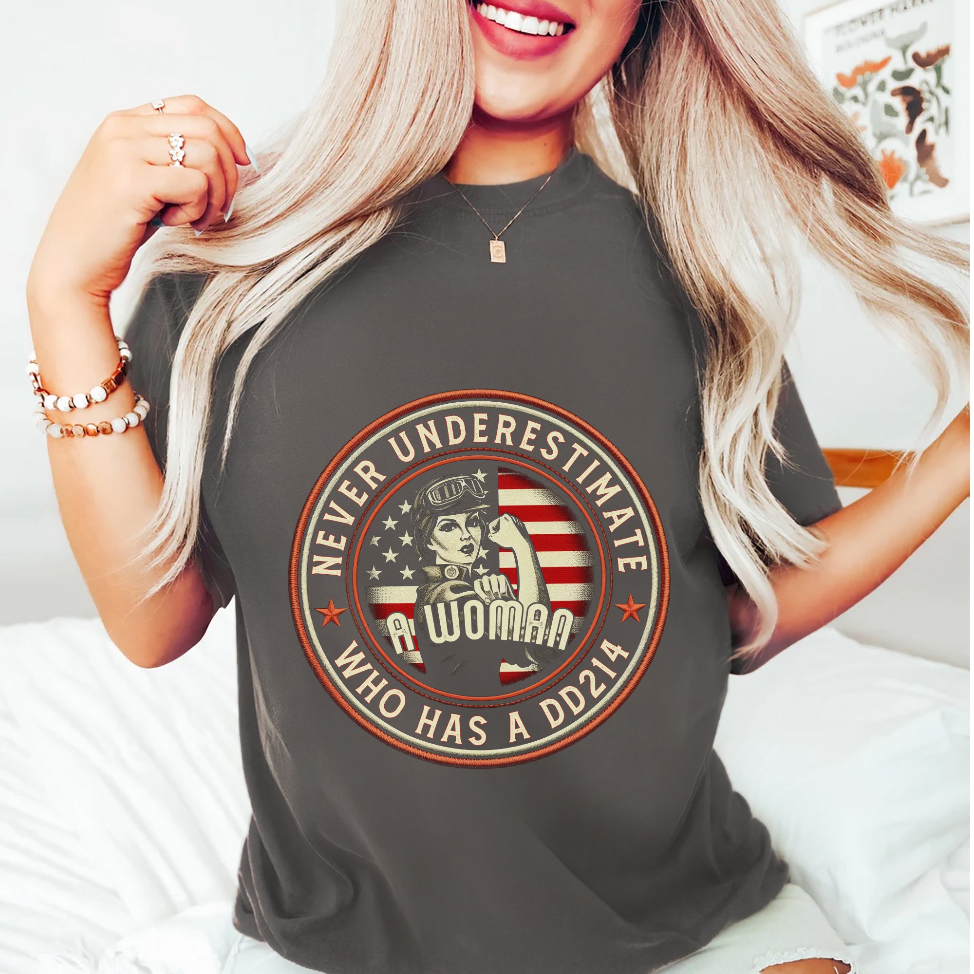 Never Underestimate a Woman Who Has a DD214 Proud Female US Military Veteran T-Shirt