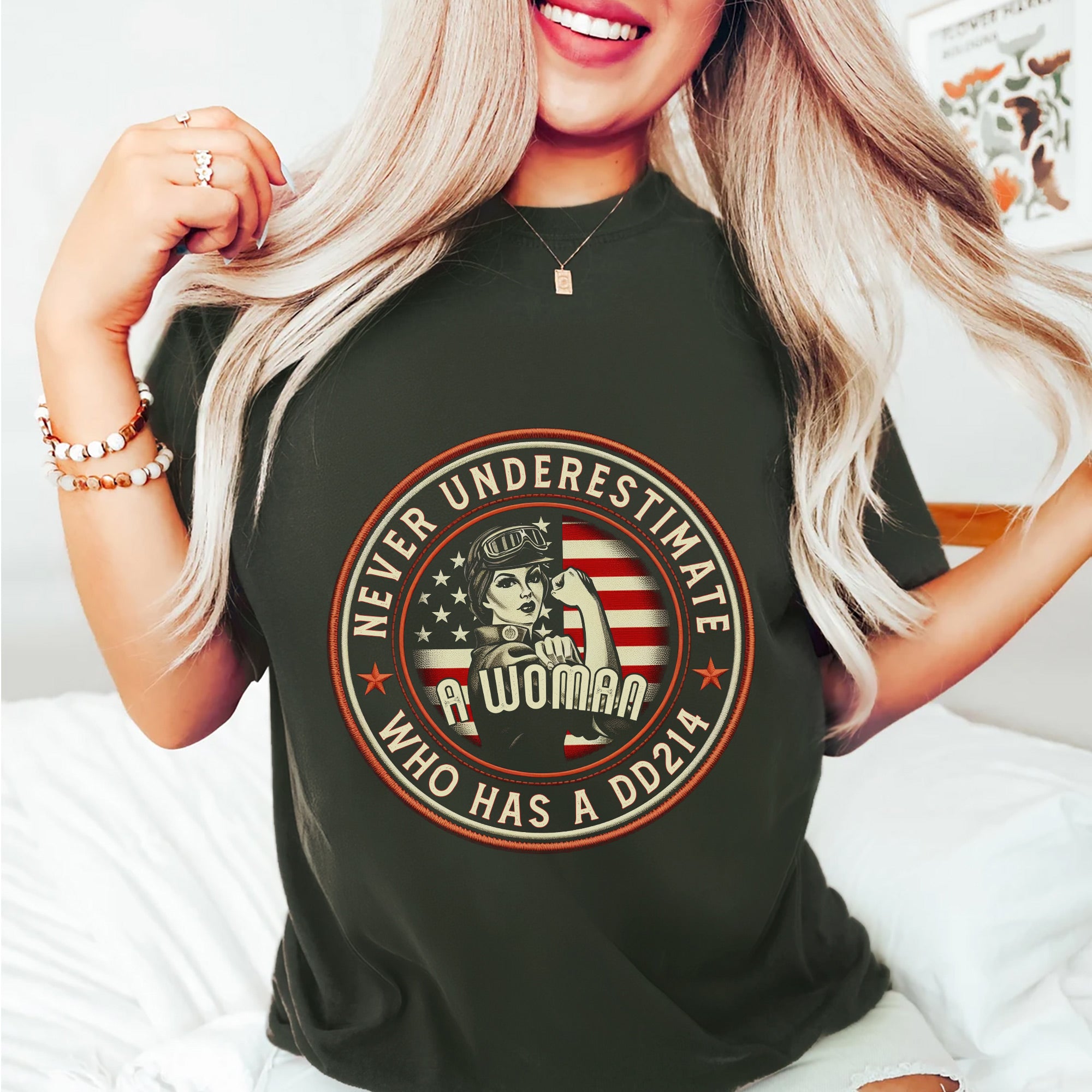 Never Underestimate a Woman Who Has a DD214 Proud Female US Military Veteran T-Shirt