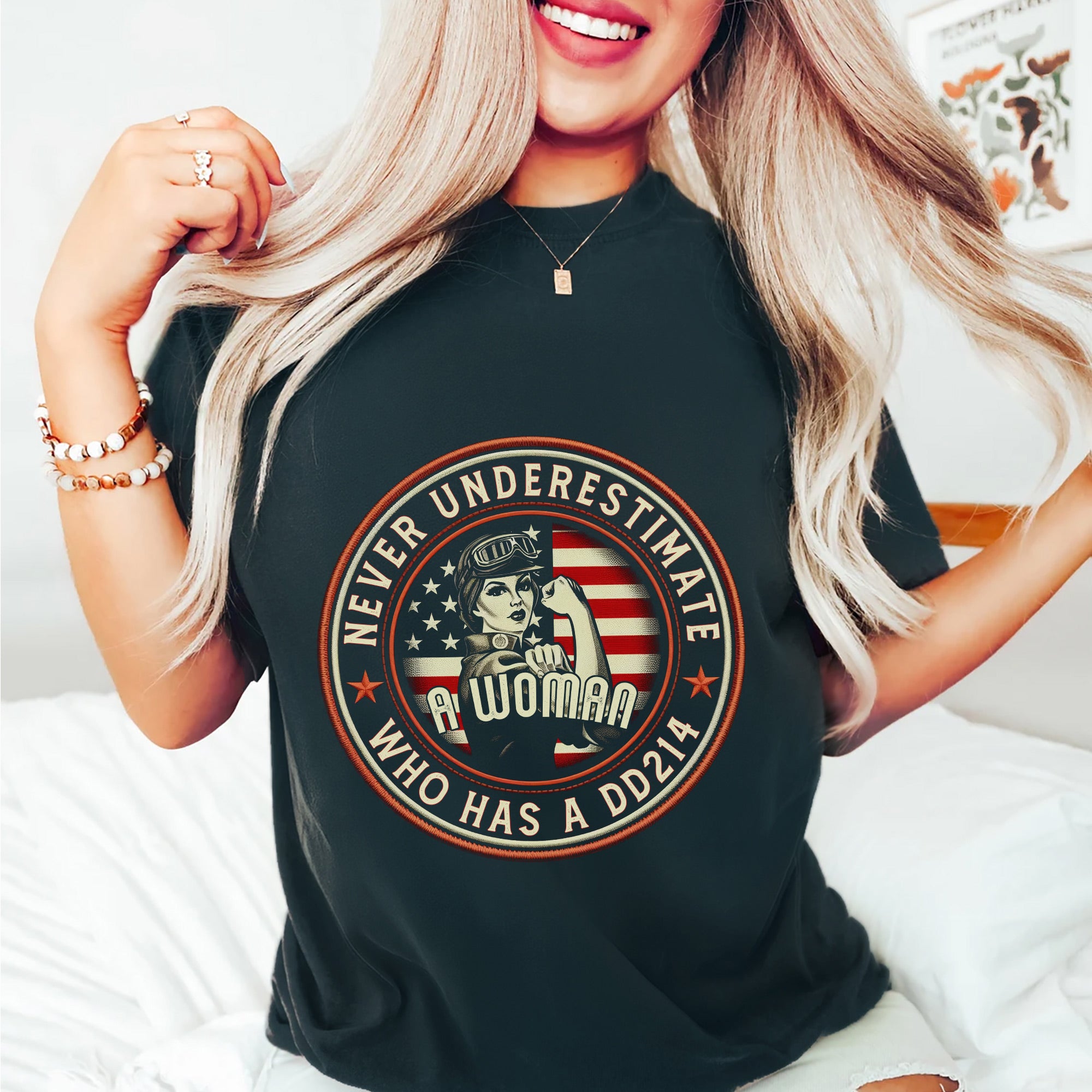 Never Underestimate a Woman Who Has a DD214 Proud Female US Military Veteran T-Shirt