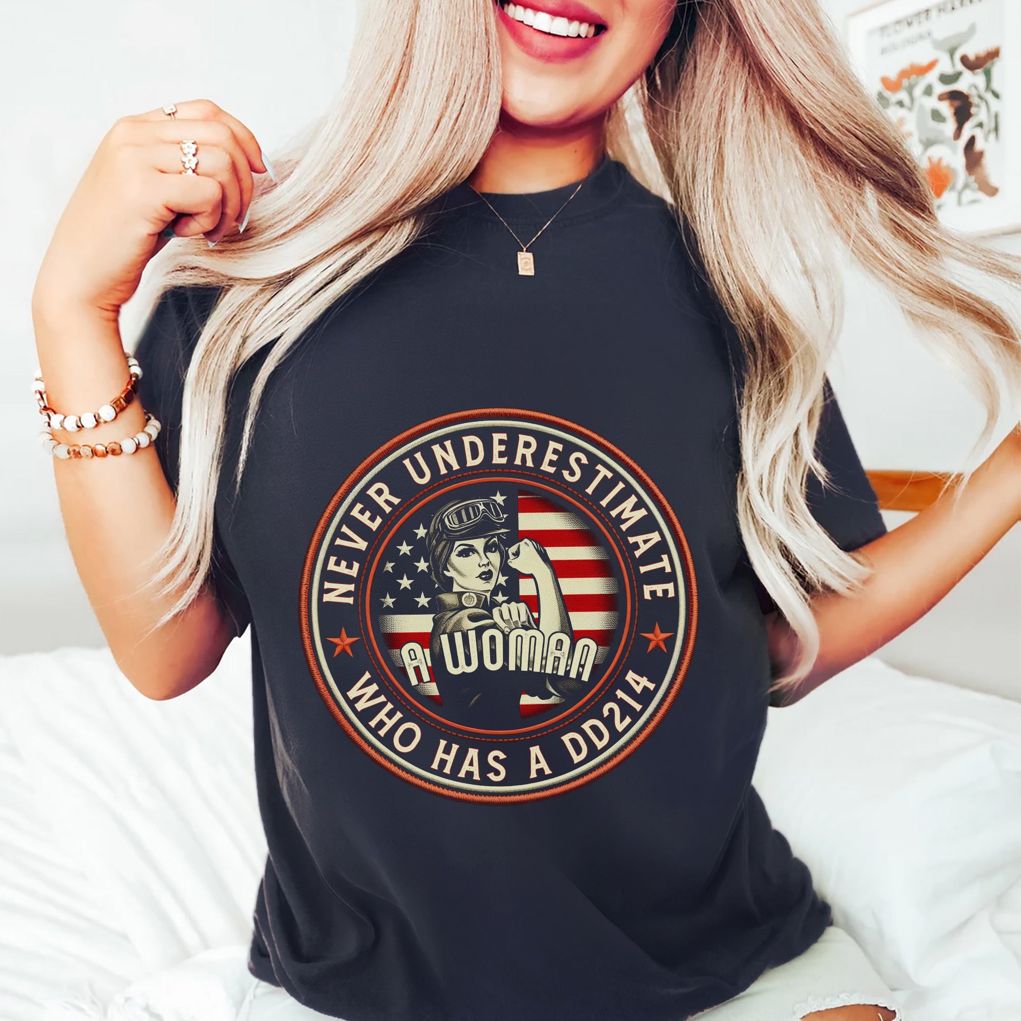 Never Underestimate a Woman Who Has a DD214 Proud Female US Military Veteran T-Shirt