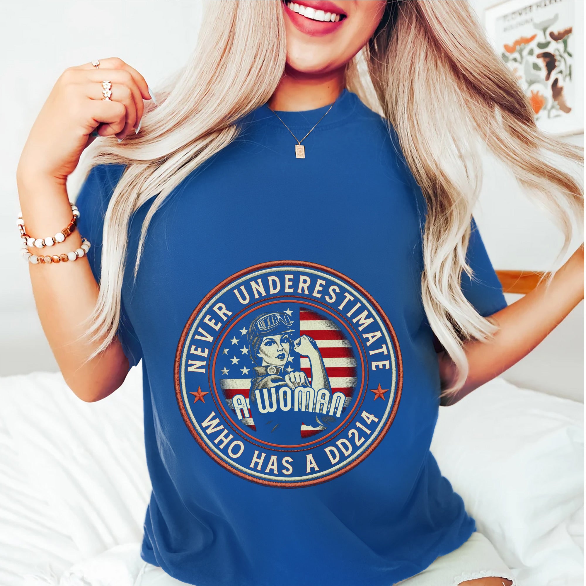 Never Underestimate a Woman Who Has a DD214 Proud Female US Military Veteran T-Shirt