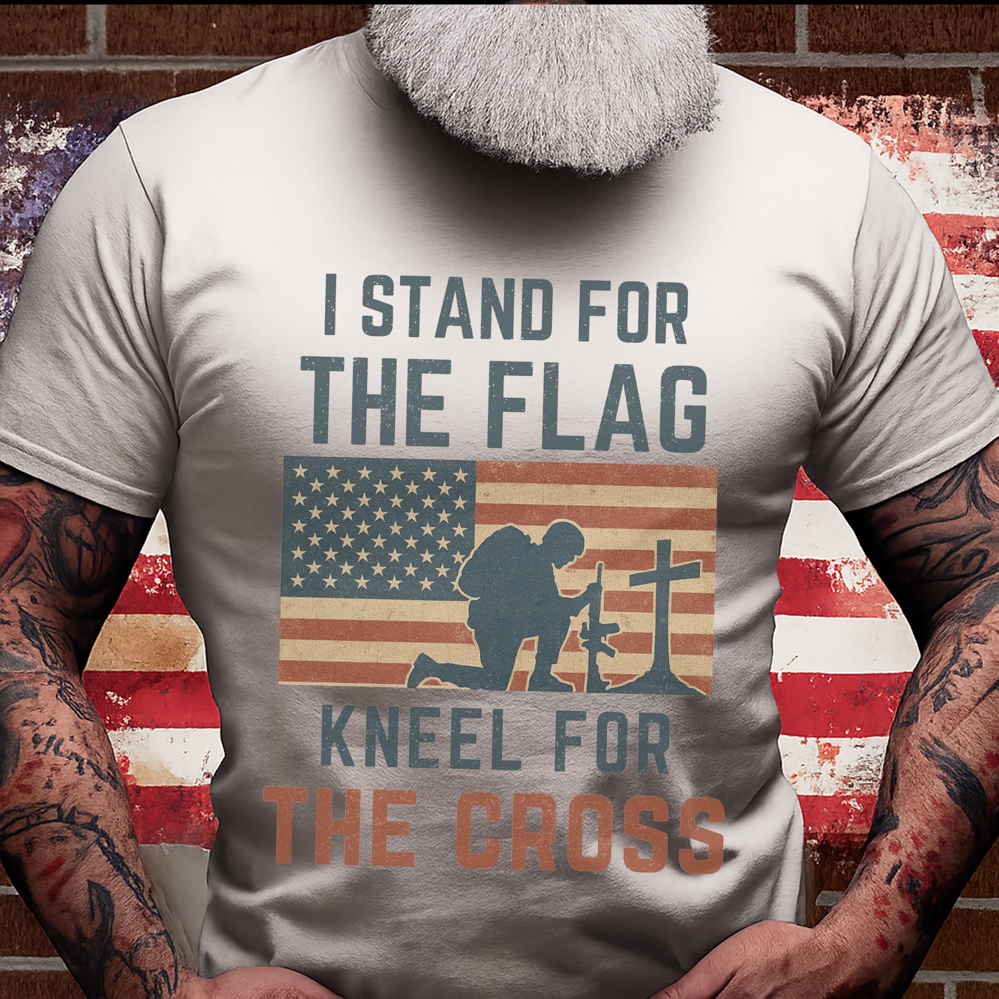 Stand for the Flag Kneel for the Cross US Military Patriotic Veteran Pride T-Shirt
