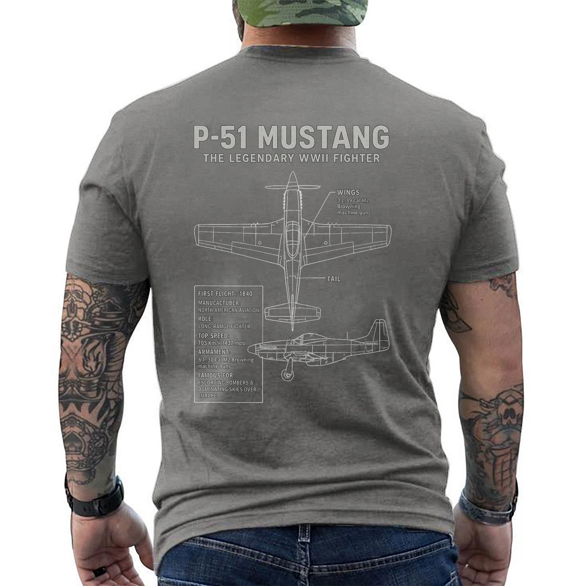 P-51 Mustang Legendary WWII Fighter Aircraft US Military Aviation Veteran Patriotic Tribute T-Shirt