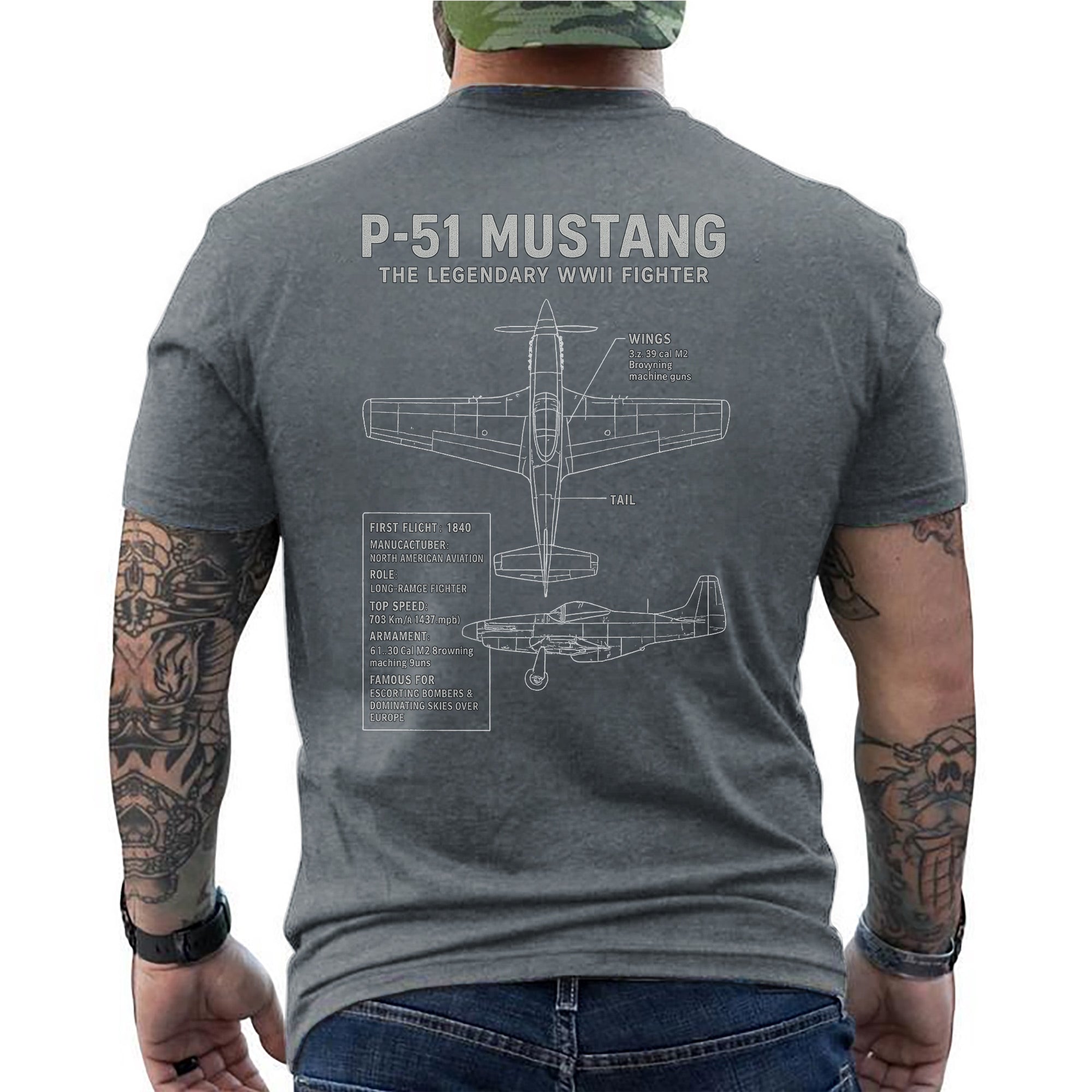 P-51 Mustang Legendary WWII Fighter Aircraft US Military Aviation Veteran Patriotic Tribute T-Shirt