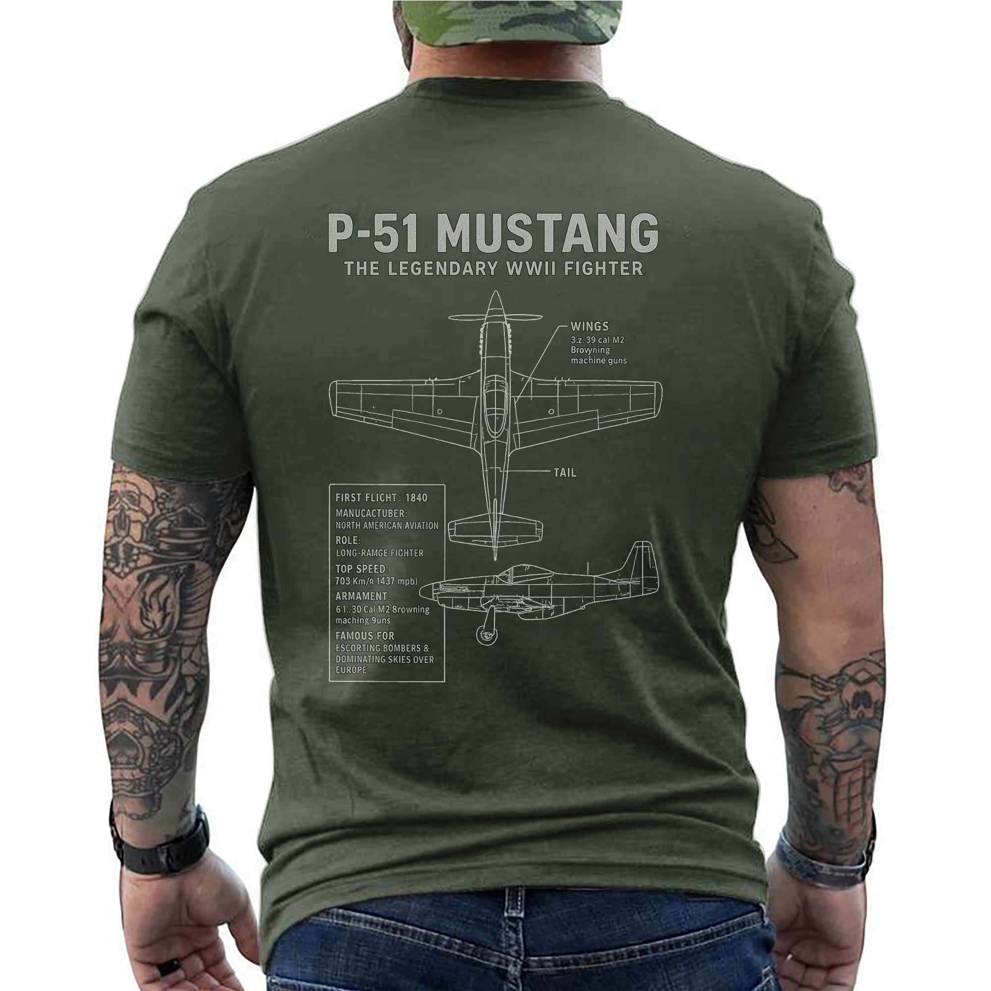 P-51 Mustang Legendary WWII Fighter Aircraft US Military Aviation Veteran Patriotic Tribute T-Shirt
