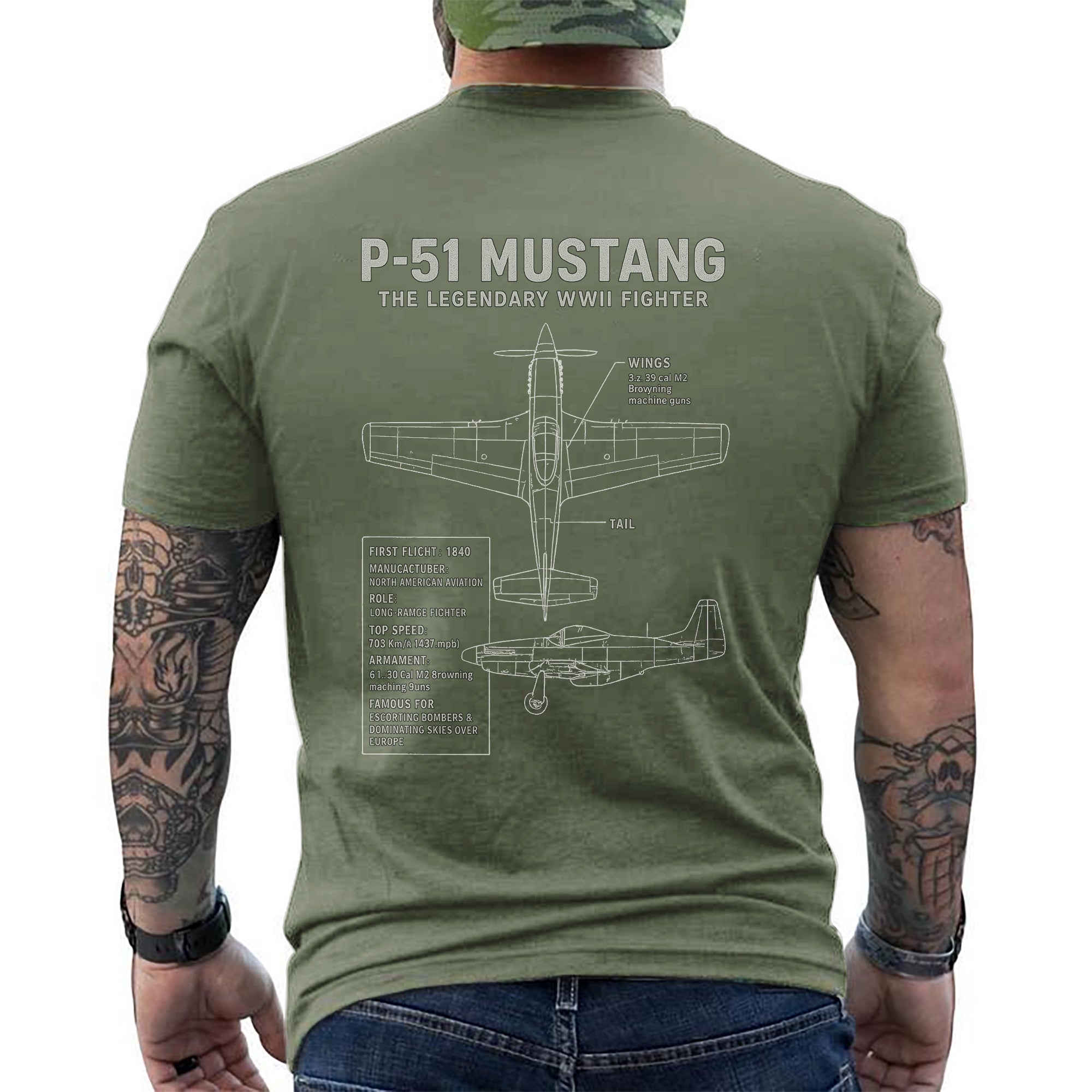 P-51 Mustang Legendary WWII Fighter Aircraft US Military Aviation Veteran Patriotic Tribute T-Shirt