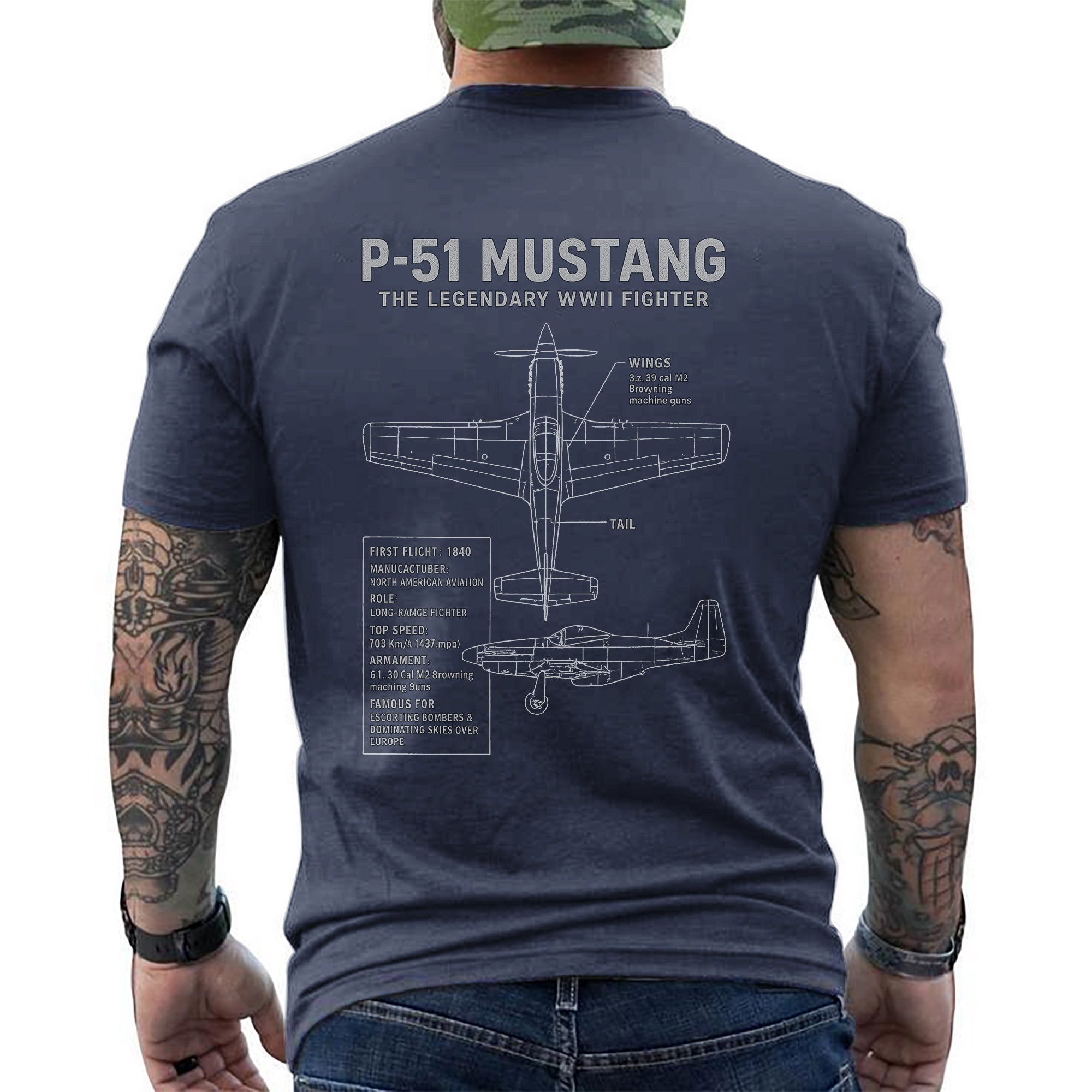 P-51 Mustang Legendary WWII Fighter Aircraft US Military Aviation Veteran Patriotic Tribute T-Shirt