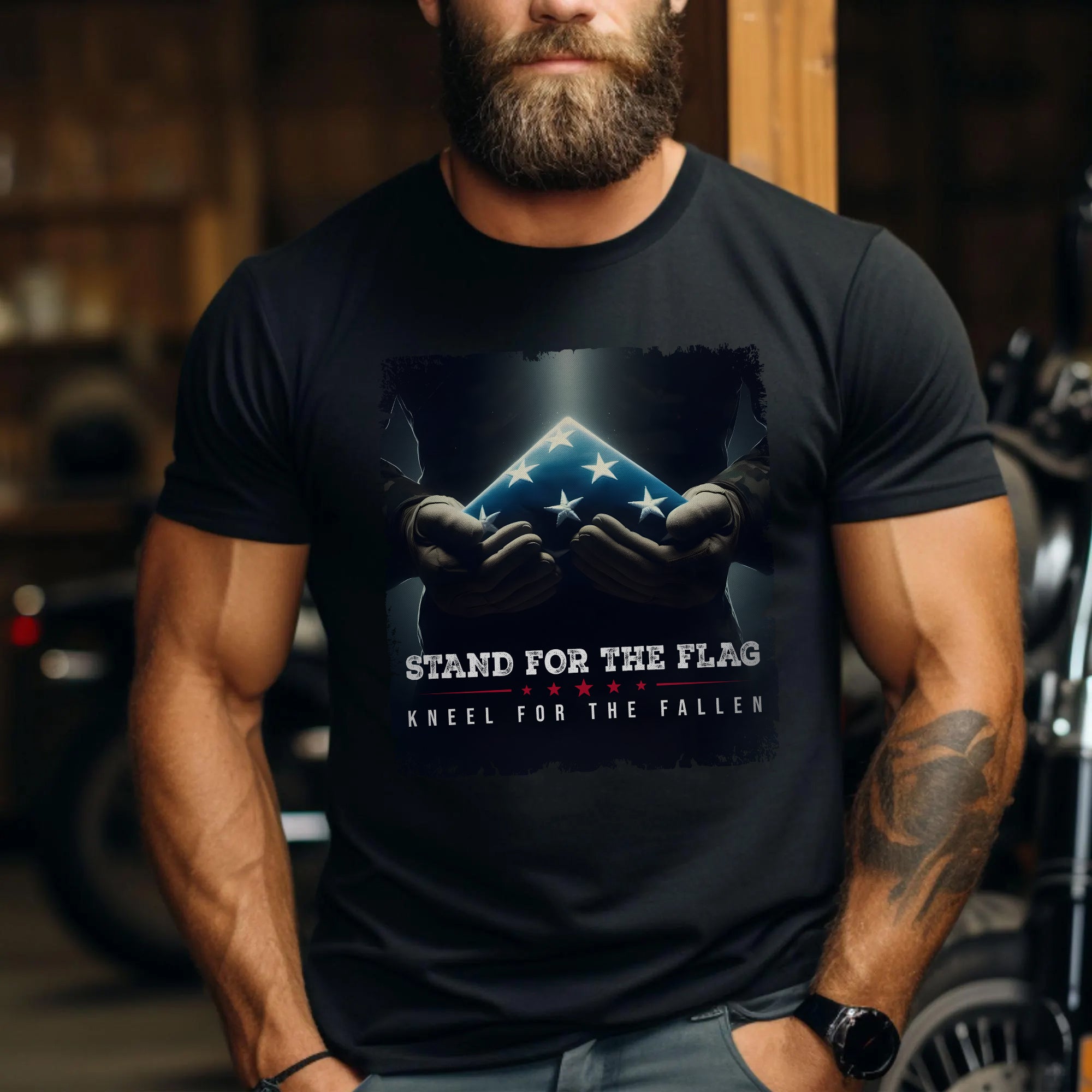Stand for the Flag Kneel for the Fallen Proud US Military Veteran Patriotic Pride T-Shirt