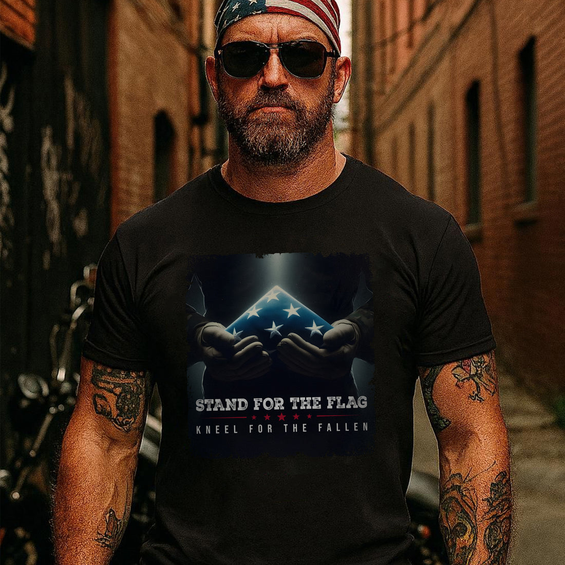 Stand for the Flag Kneel for the Fallen Proud US Military Veteran Patriotic Pride T-Shirt