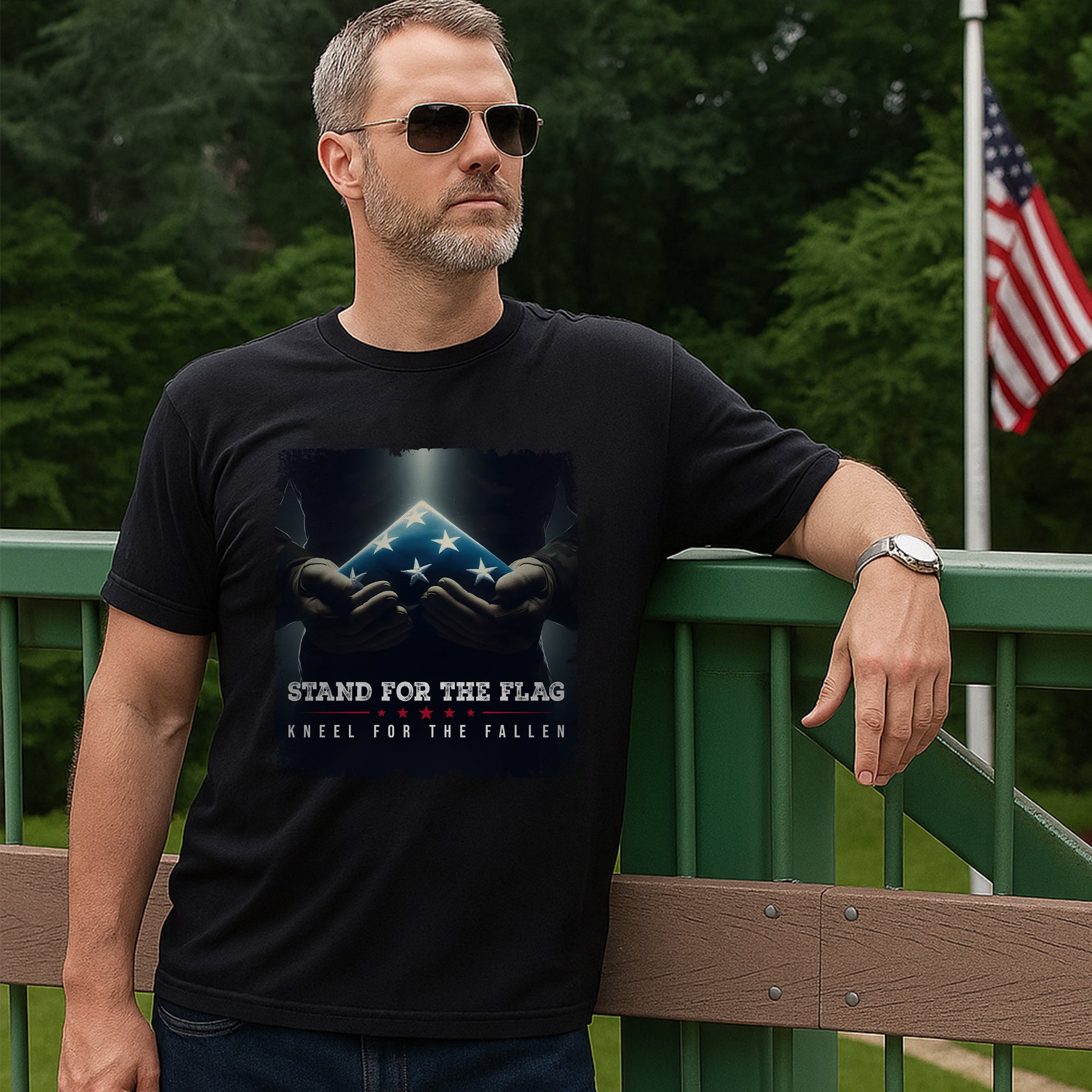 Stand for the Flag Kneel for the Fallen Proud US Military Veteran Patriotic Pride T-Shirt