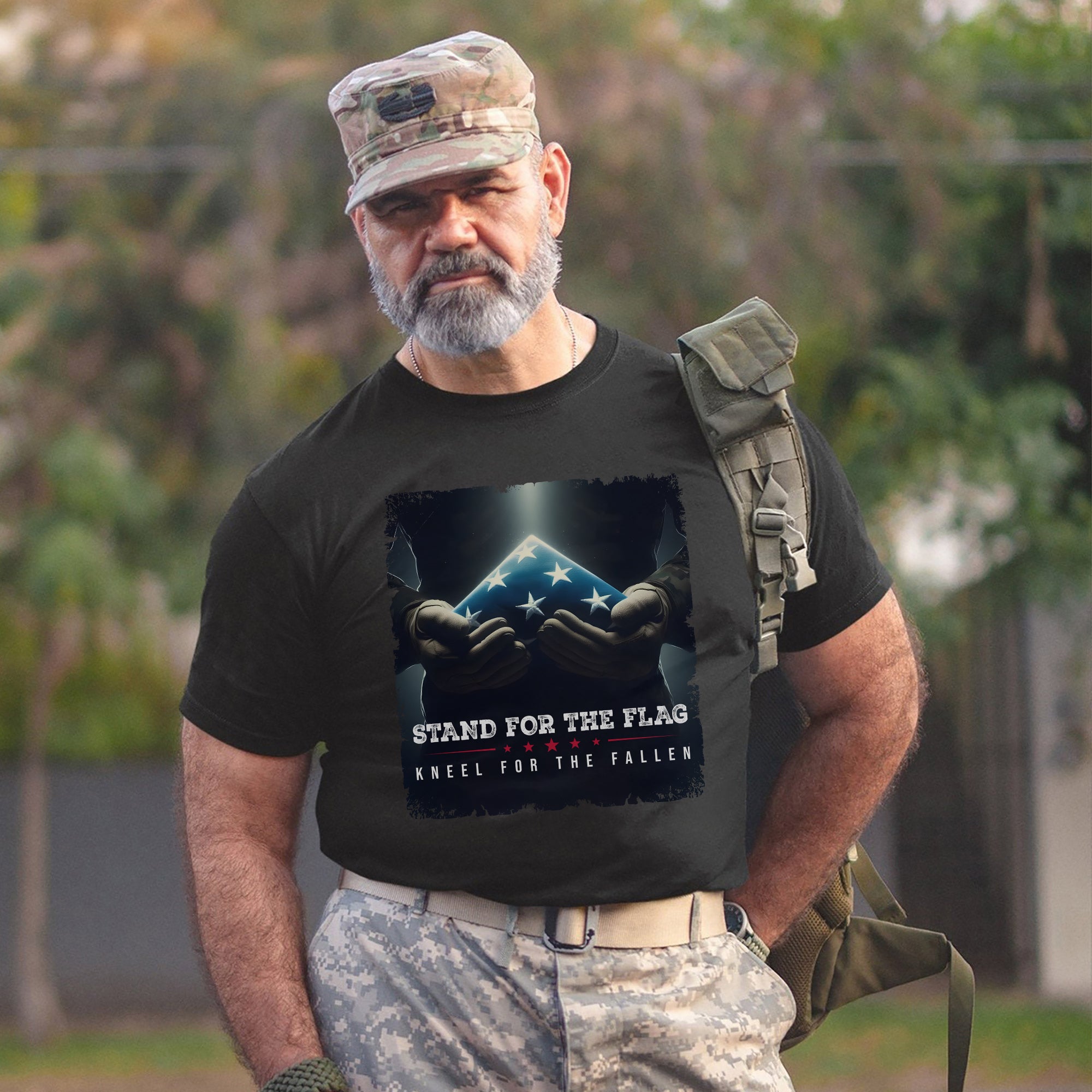 Stand for the Flag Kneel for the Fallen Proud US Military Veteran Patriotic Pride T-Shirt