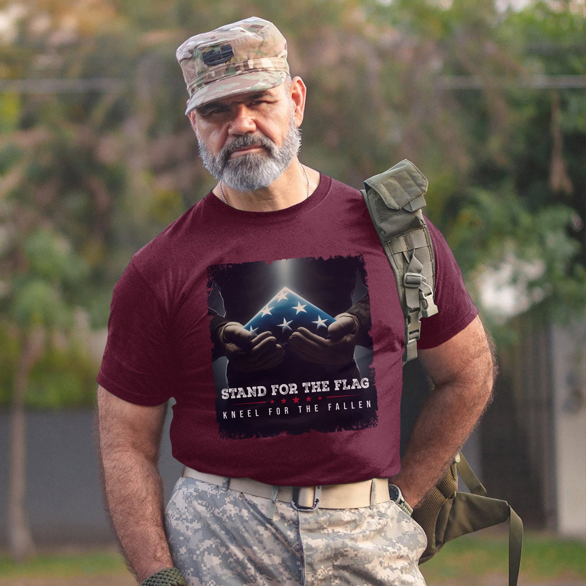 Stand for the Flag Kneel for the Fallen Proud US Military Veteran Patriotic Pride T-Shirt