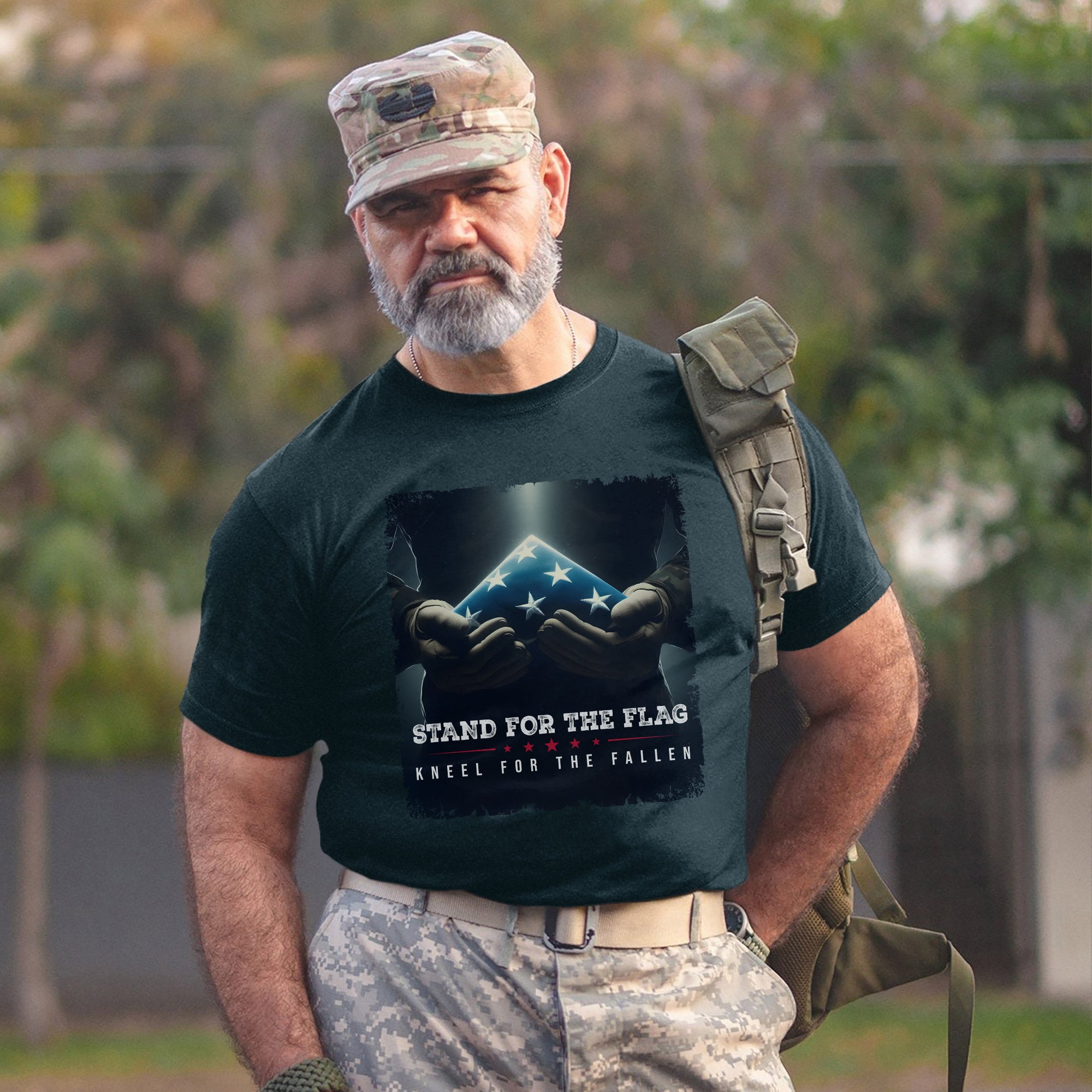 Stand for the Flag Kneel for the Fallen Proud US Military Veteran Patriotic Pride T-Shirt