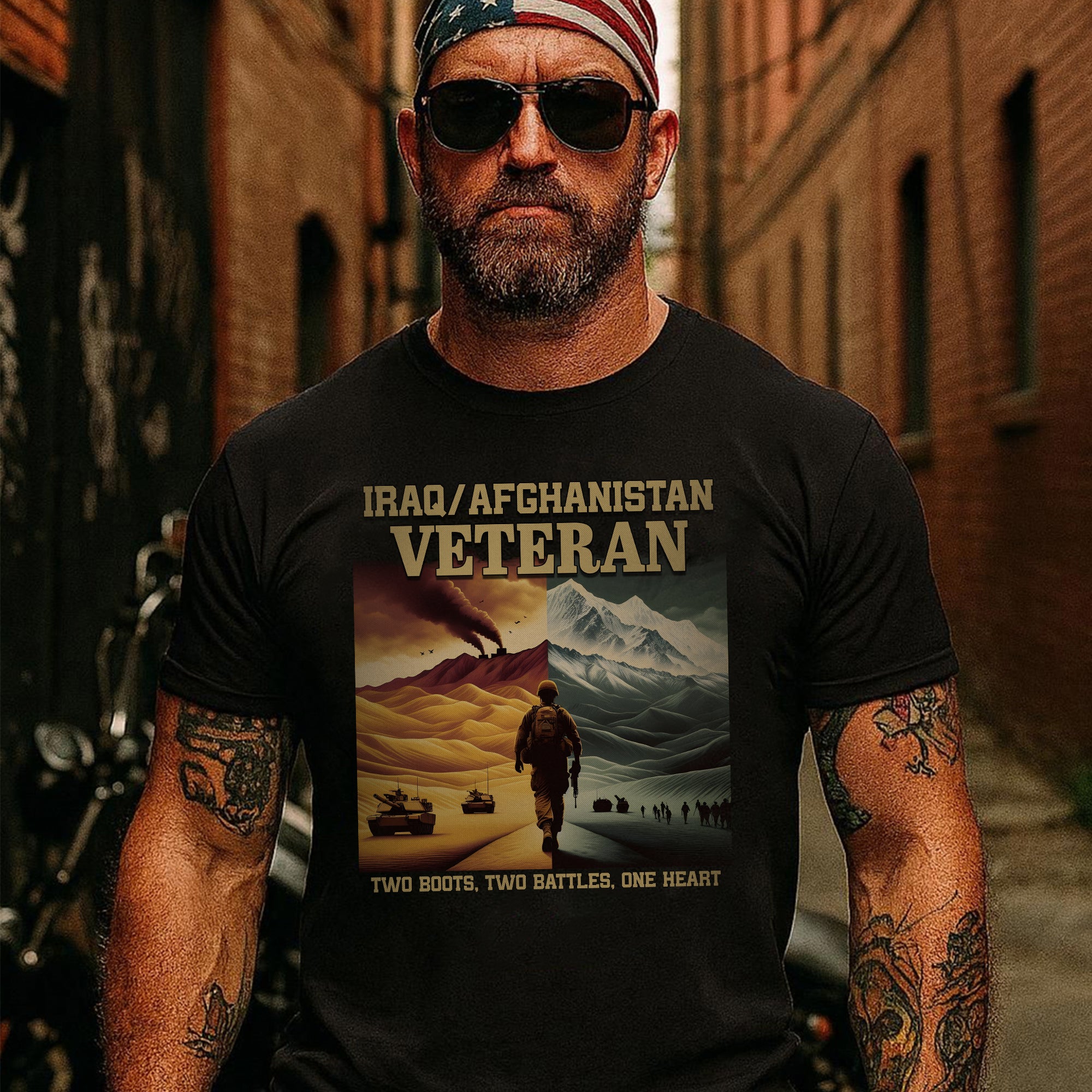 Iraq Afghanistan Veteran Two Boots Two Battles One Heart Proud US Military Service T-Shirt