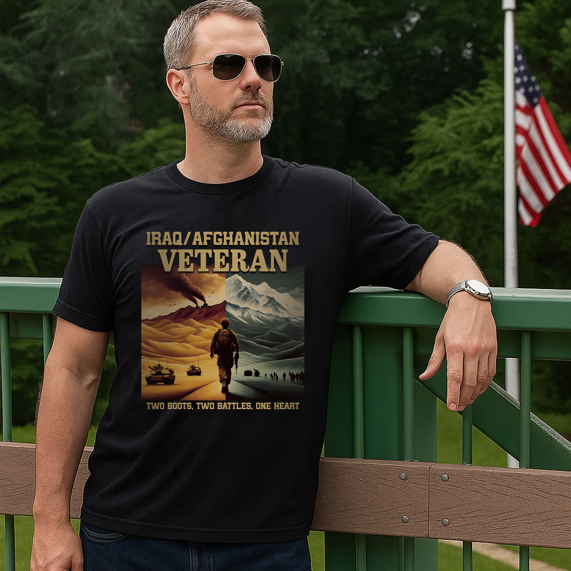 Iraq Afghanistan Veteran Two Boots Two Battles One Heart Proud US Military Service T-Shirt