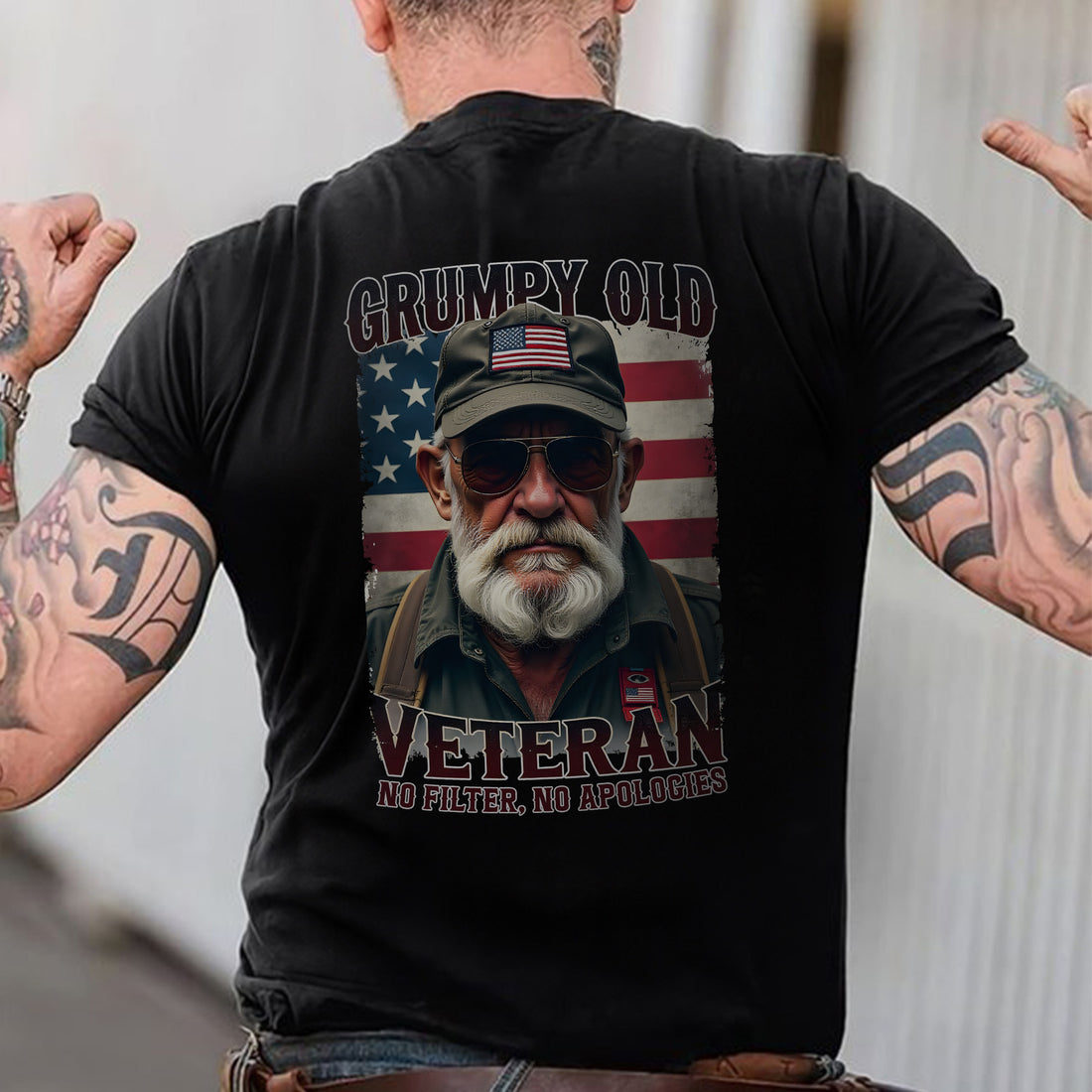 Grumpy Old Veteran No Filter No Apologies Proud US Military Patriotic Pride T-Shirt