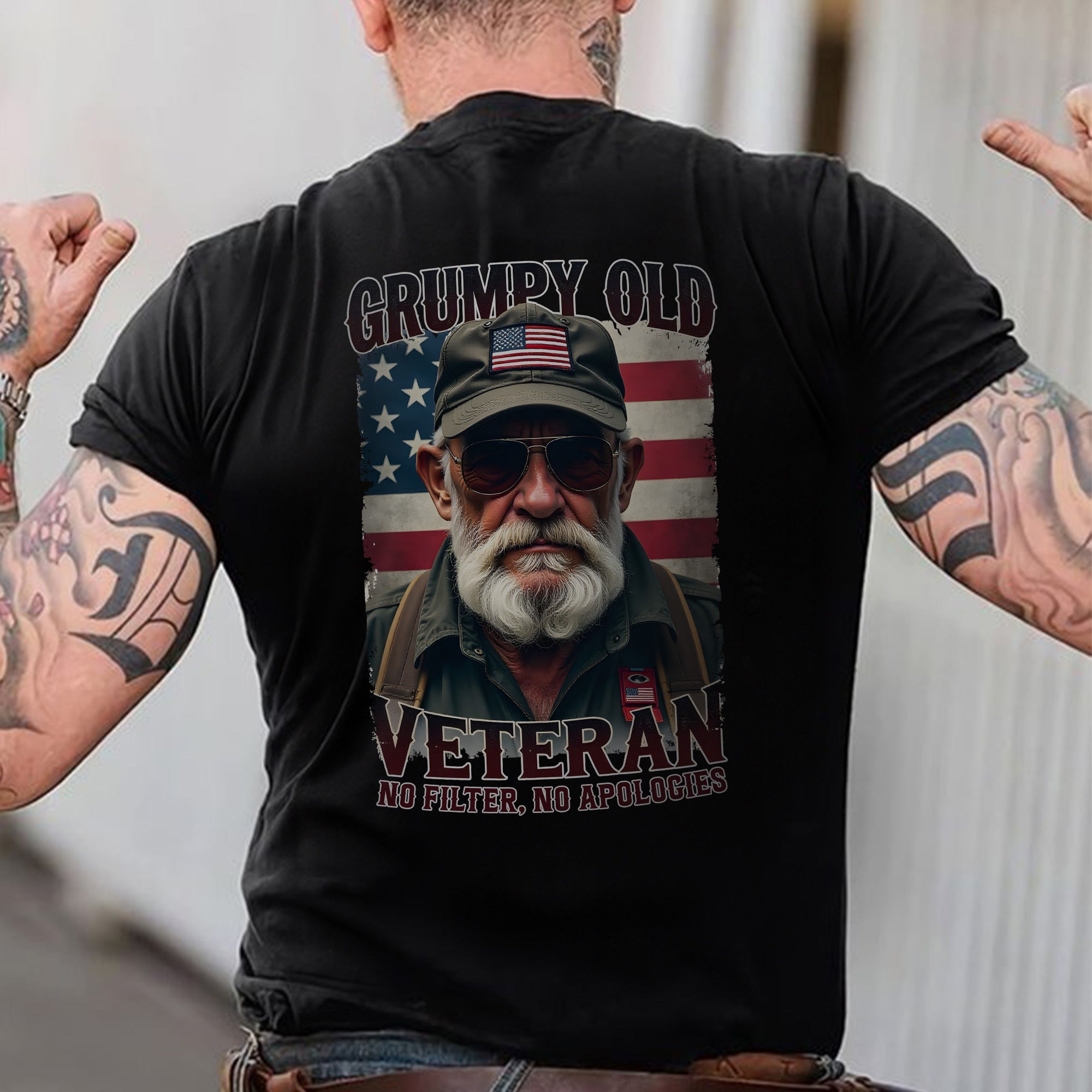 Grumpy Old Veteran No Filter No Apologies Proud US Military Patriotic Pride T-Shirt