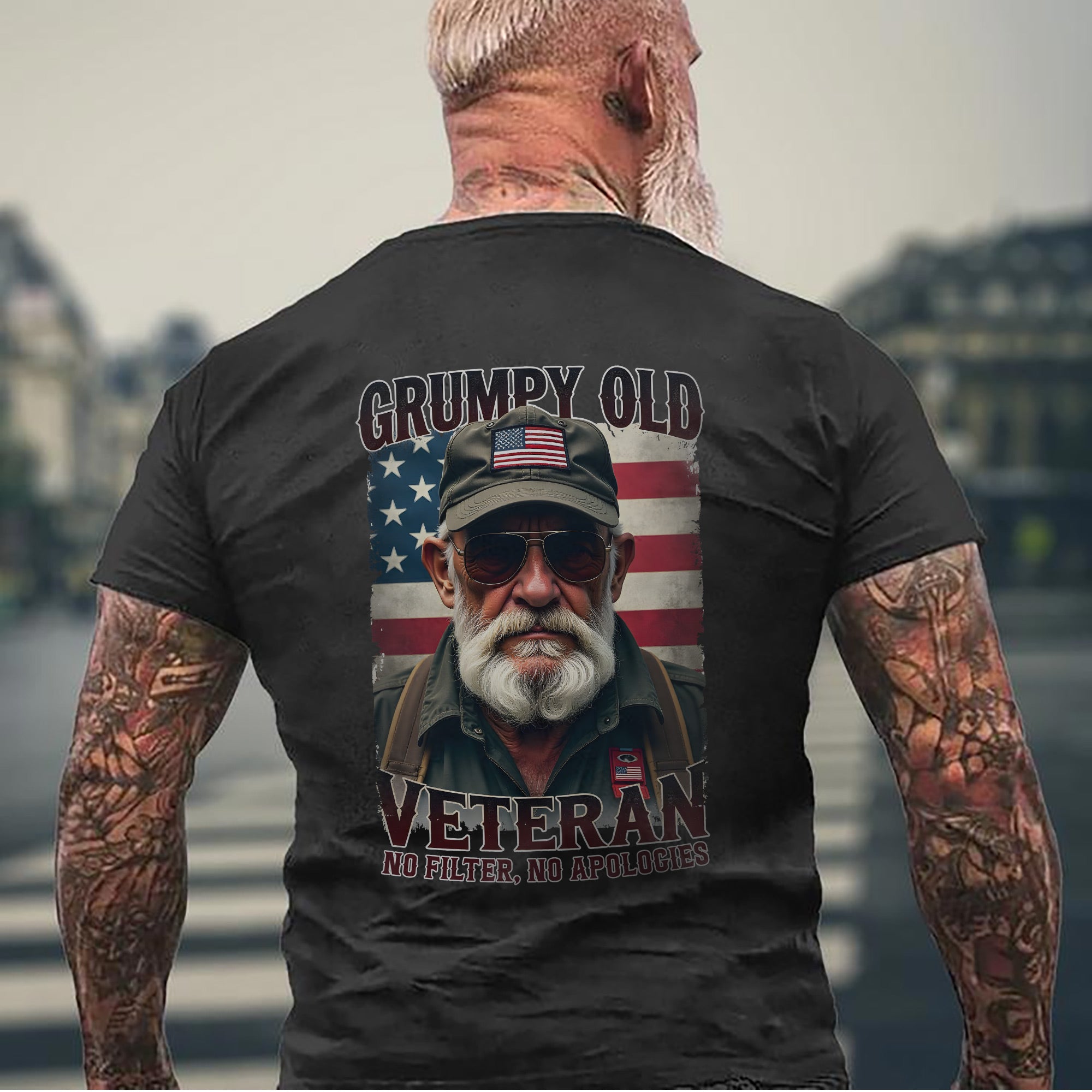 Grumpy Old Veteran No Filter No Apologies Proud US Military Patriotic Pride T-Shirt