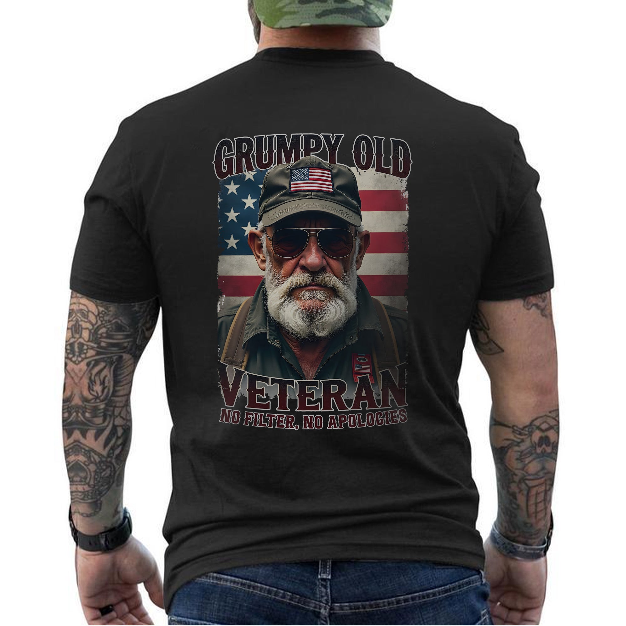 Grumpy Old Veteran No Filter No Apologies Proud US Military Patriotic Pride T-Shirt