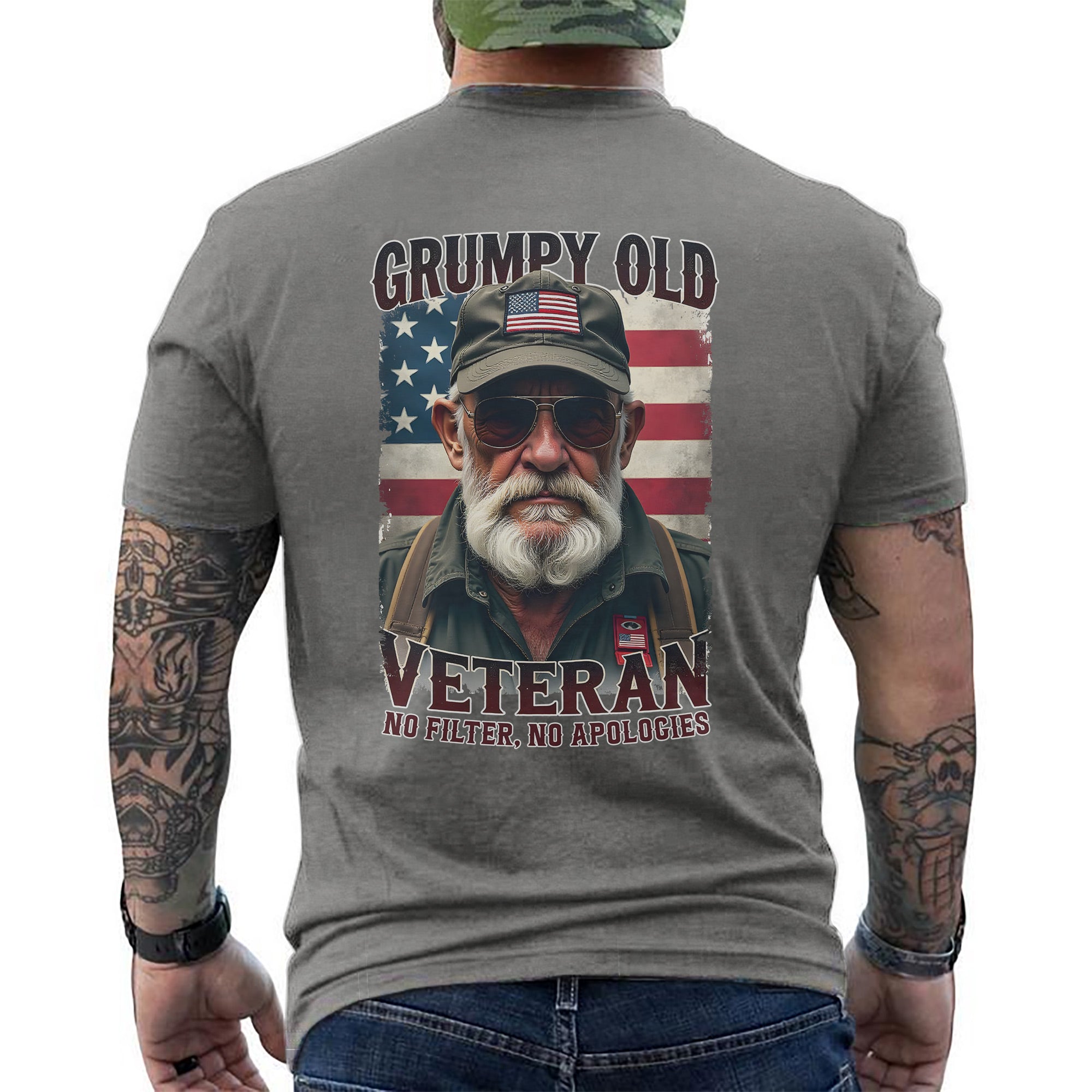 Grumpy Old Veteran No Filter No Apologies Proud US Military Patriotic Pride T-Shirt