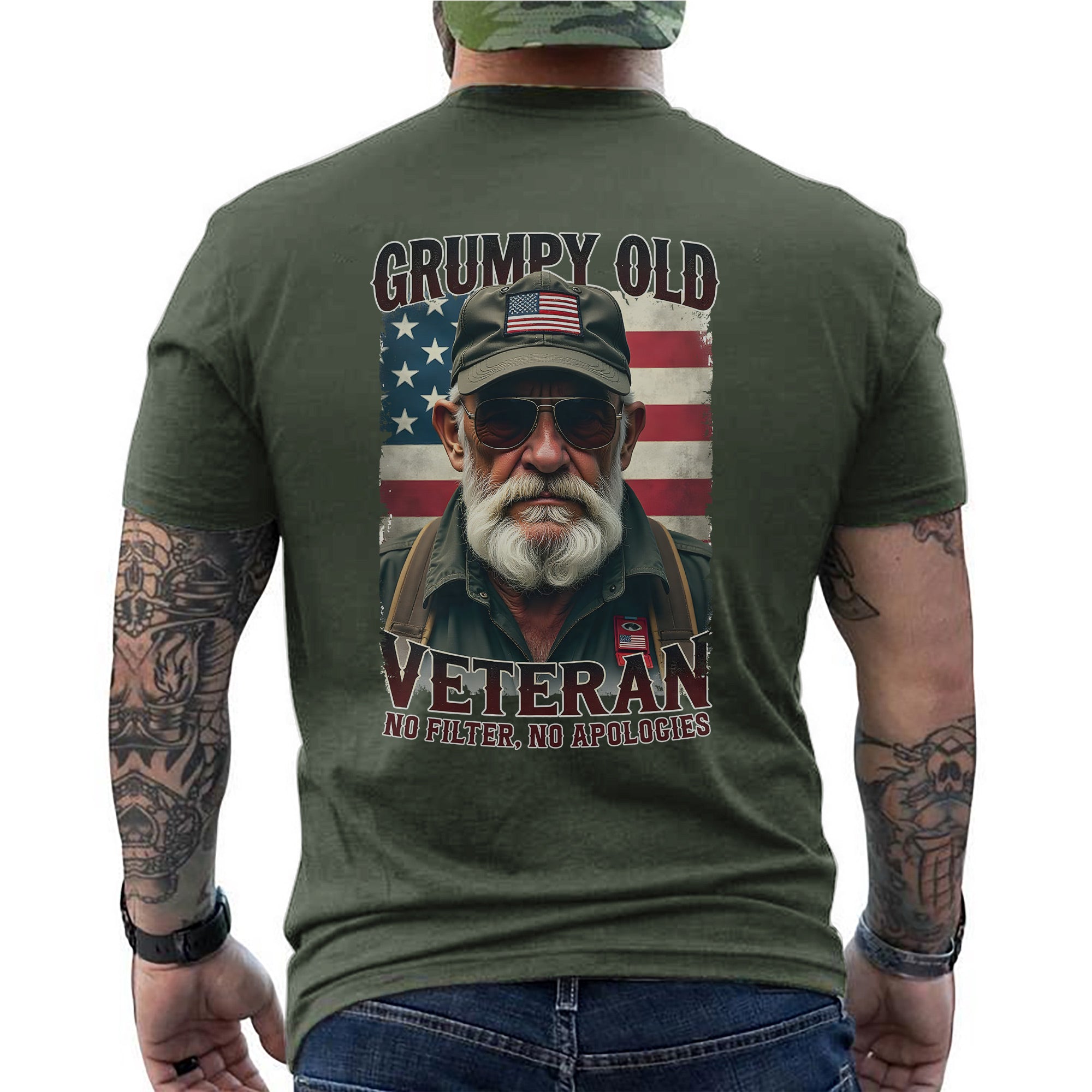Grumpy Old Veteran No Filter No Apologies Proud US Military Patriotic Pride T-Shirt