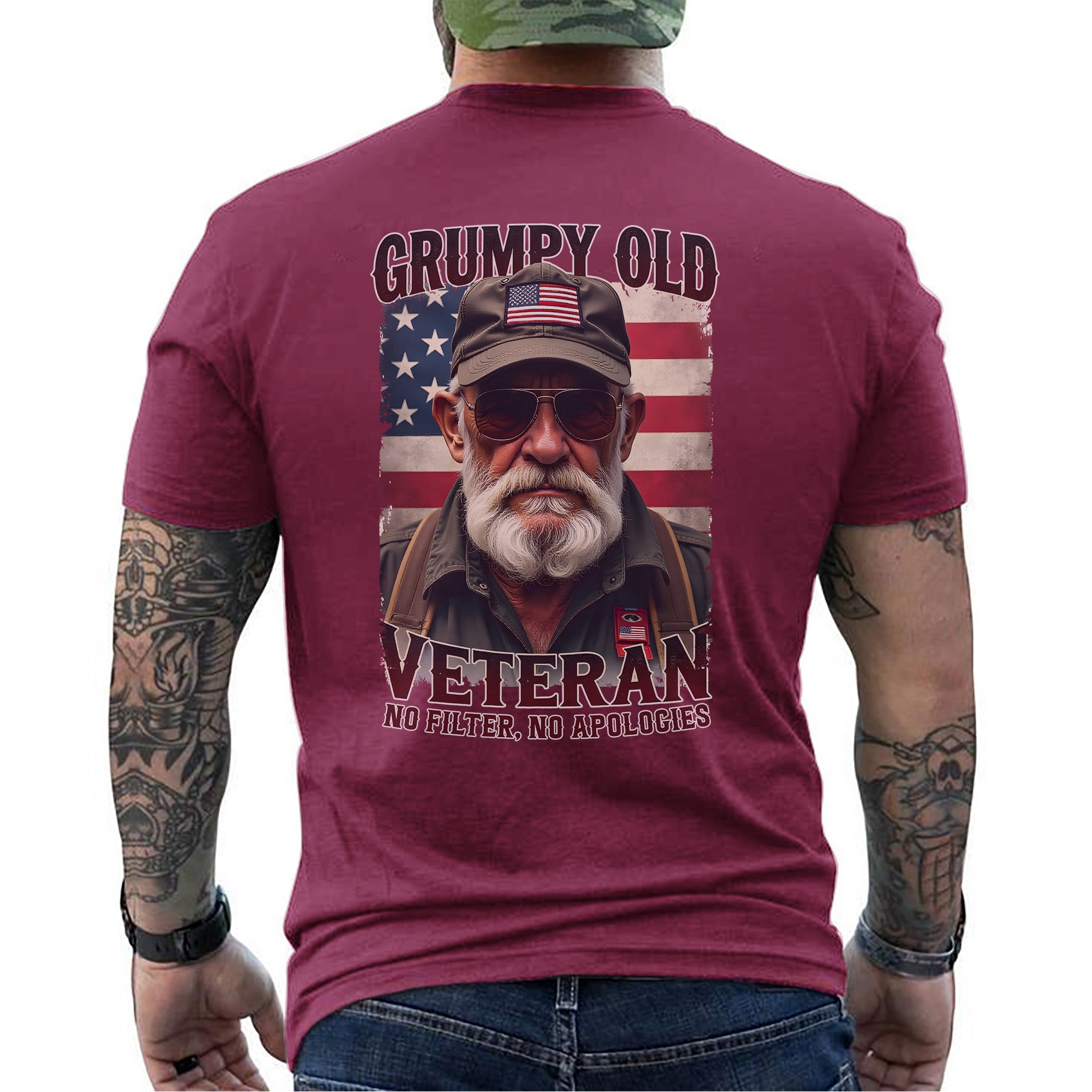 Grumpy Old Veteran No Filter No Apologies Proud US Military Patriotic Pride T-Shirt