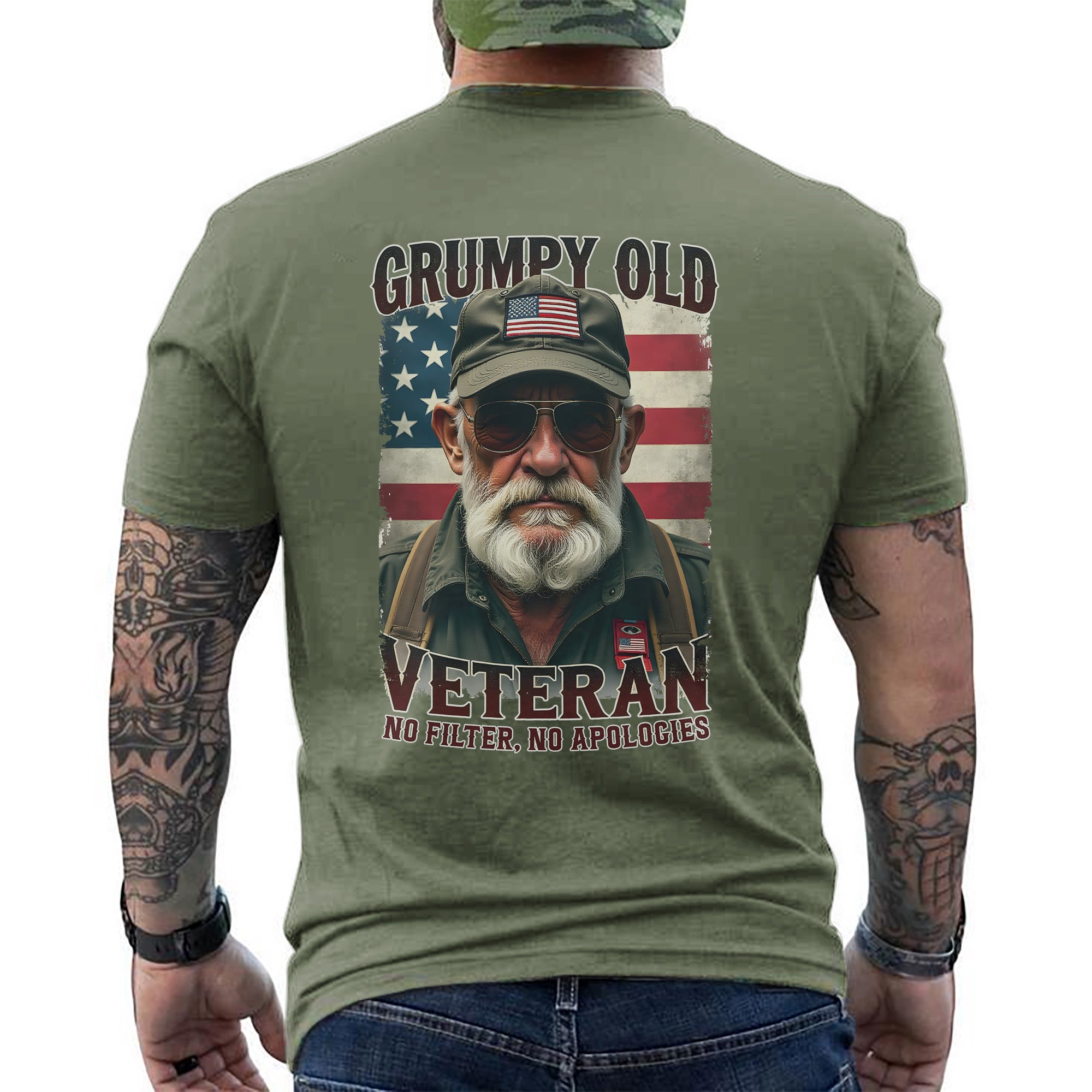 Grumpy Old Veteran No Filter No Apologies Proud US Military Patriotic Pride T-Shirt