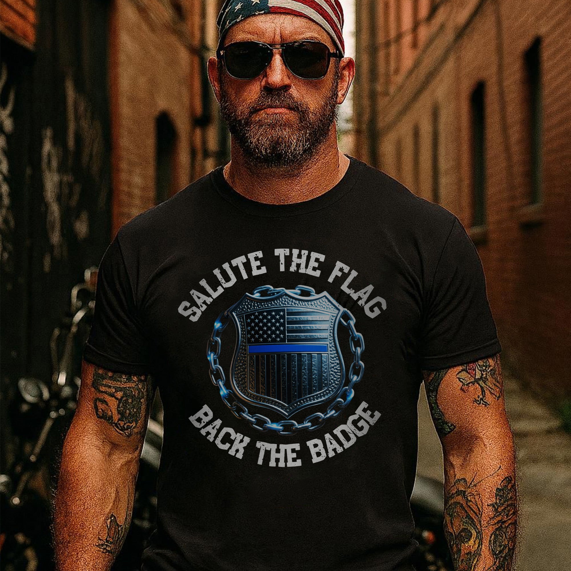 Salute the Flag Back the Badge Proud US Military Veteran Patriotic Support T-Shirt