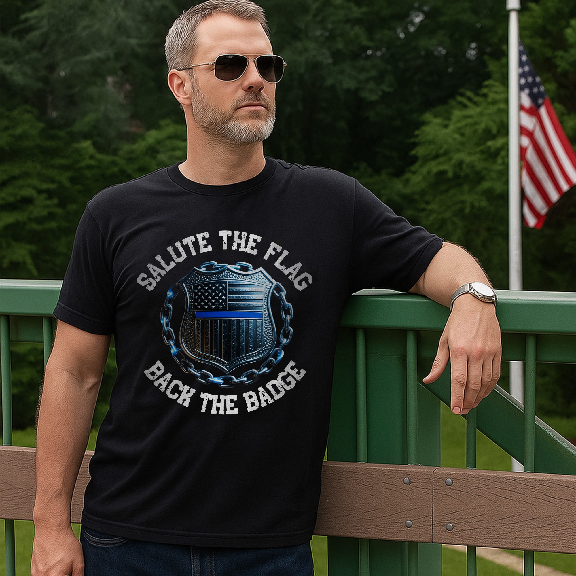 Salute the Flag Back the Badge Proud US Military Veteran Patriotic Support T-Shirt
