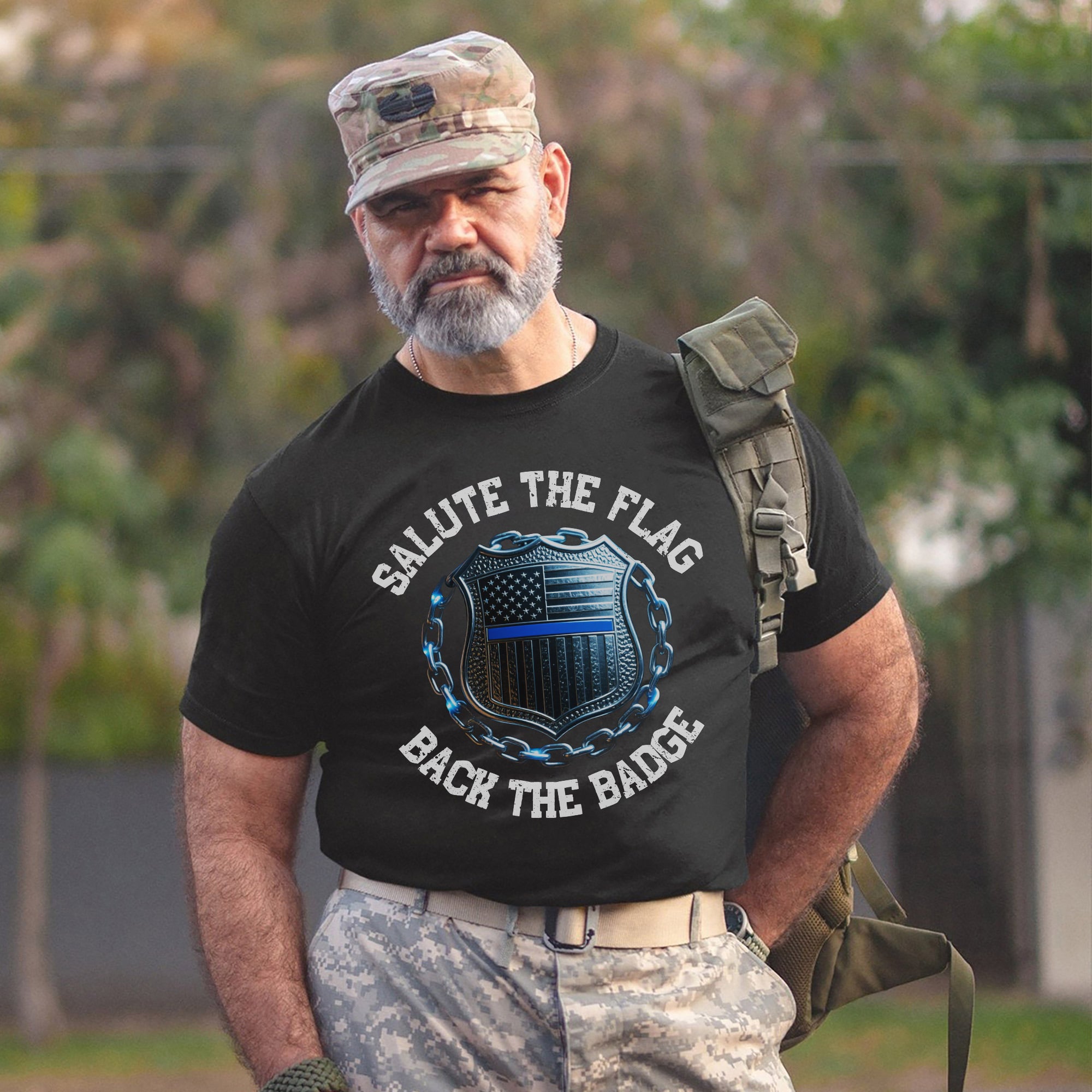 Salute the Flag Back the Badge Proud US Military Veteran Patriotic Support T-Shirt