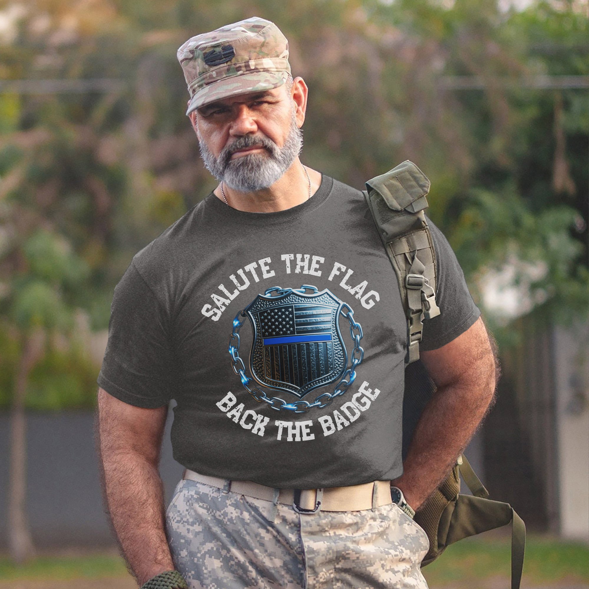 Salute the Flag Back the Badge Proud US Military Veteran Patriotic Support T-Shirt