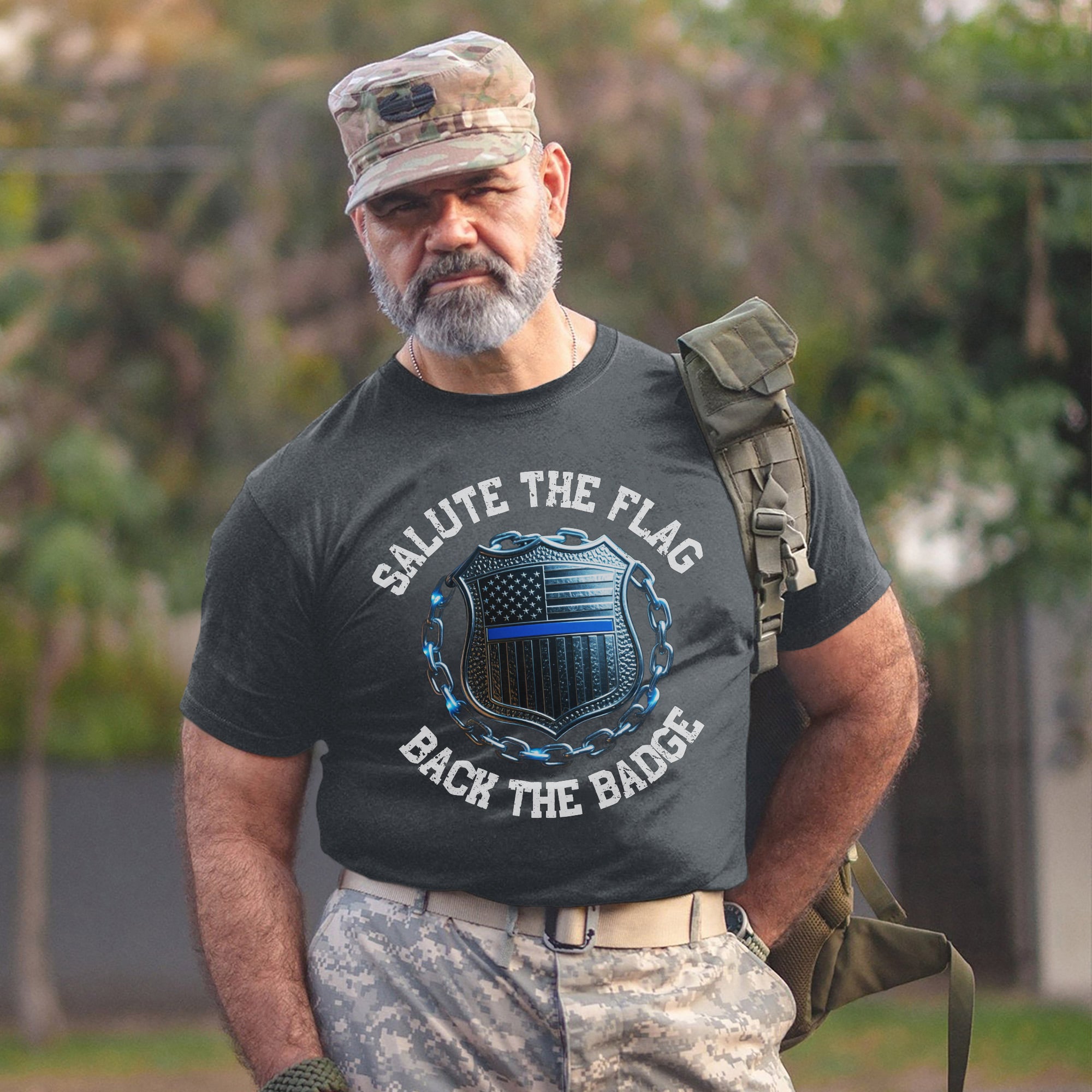 Salute the Flag Back the Badge Proud US Military Veteran Patriotic Support T-Shirt