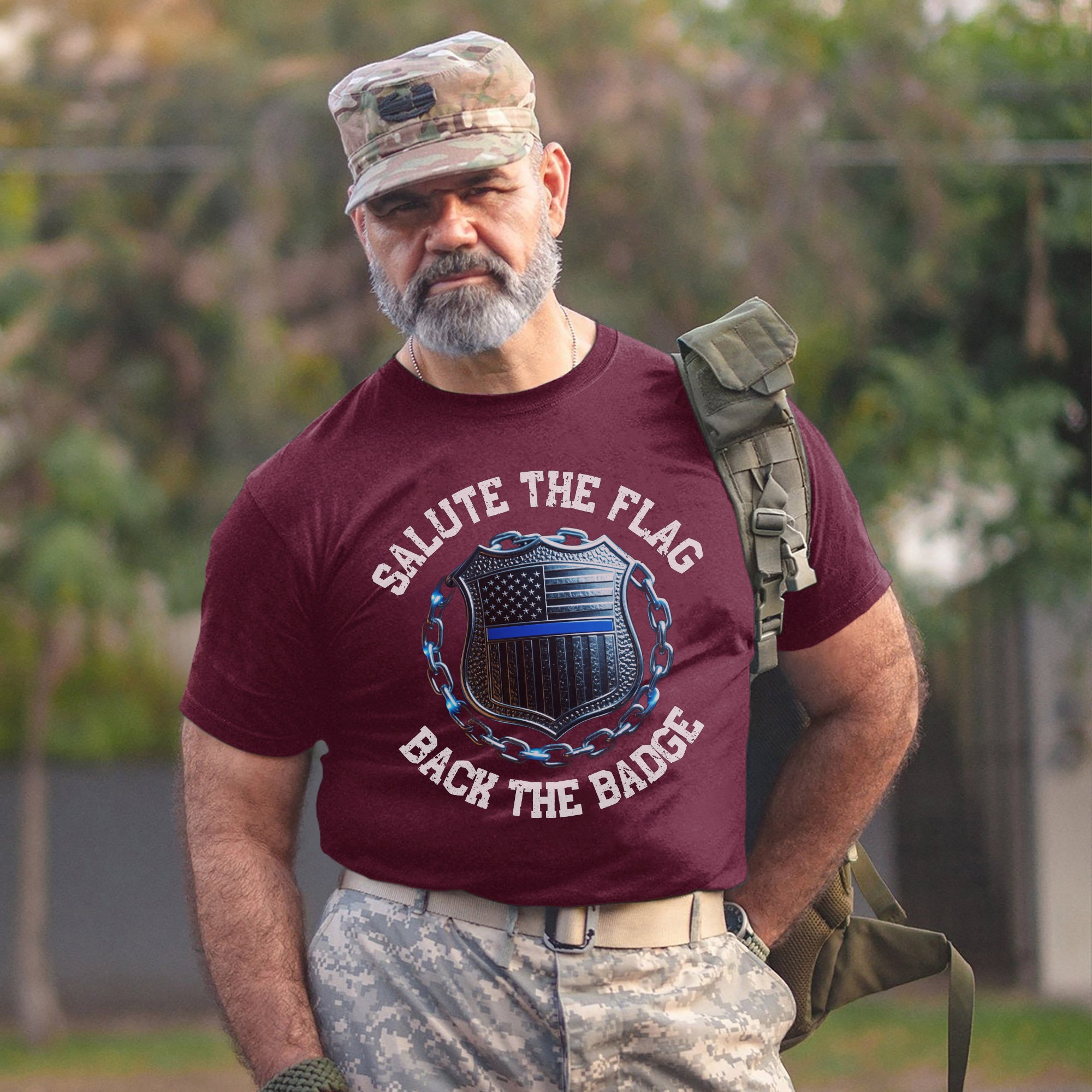 Salute the Flag Back the Badge Proud US Military Veteran Patriotic Support T-Shirt