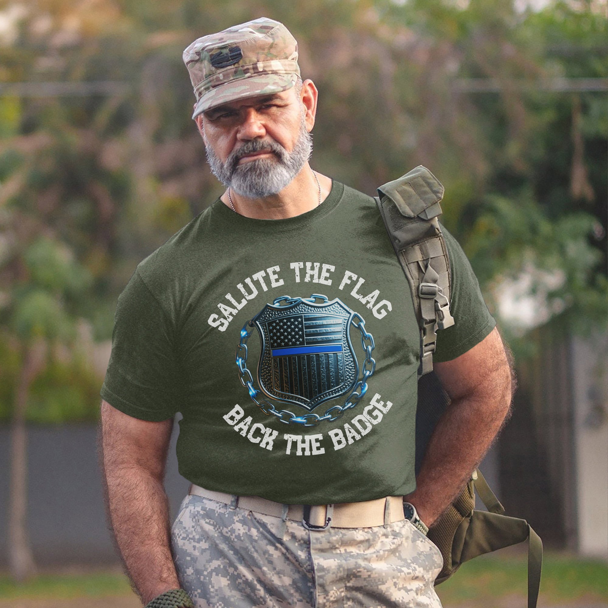 Salute the Flag Back the Badge Proud US Military Veteran Patriotic Support T-Shirt