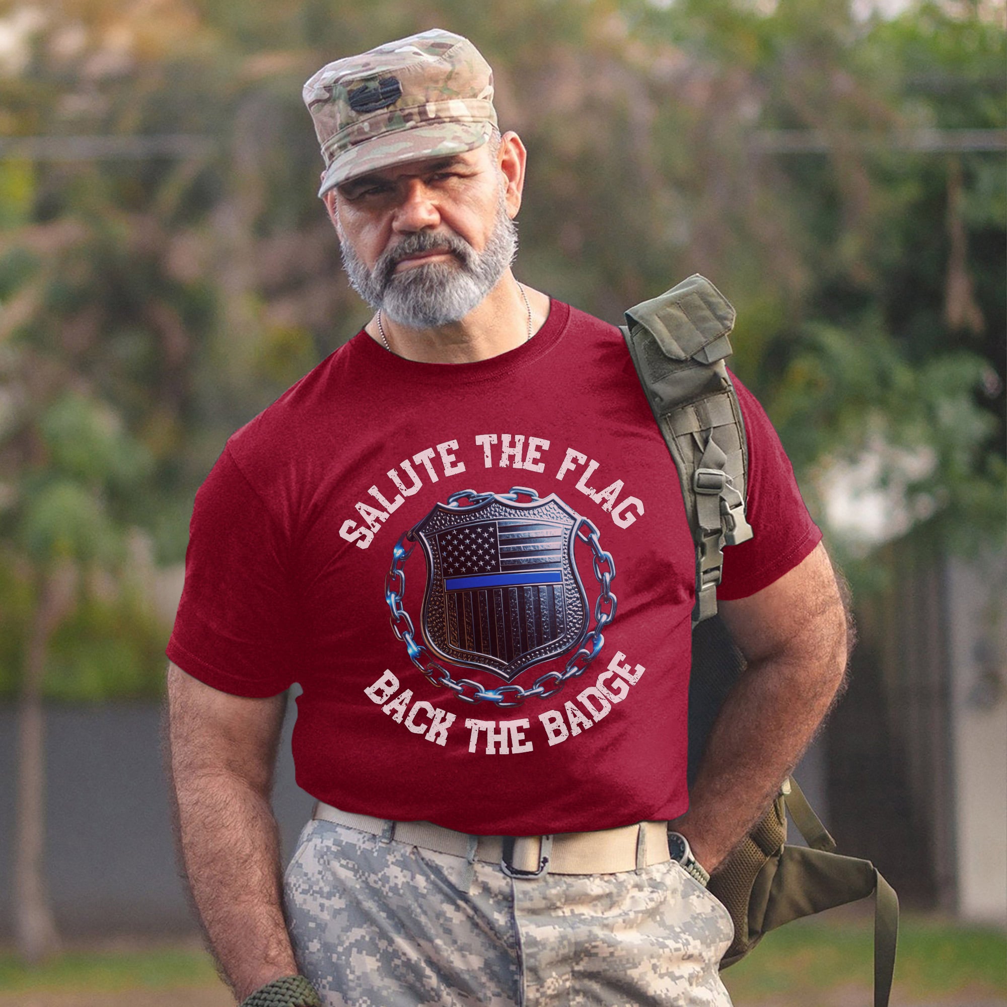 Salute the Flag Back the Badge Proud US Military Veteran Patriotic Support T-Shirt