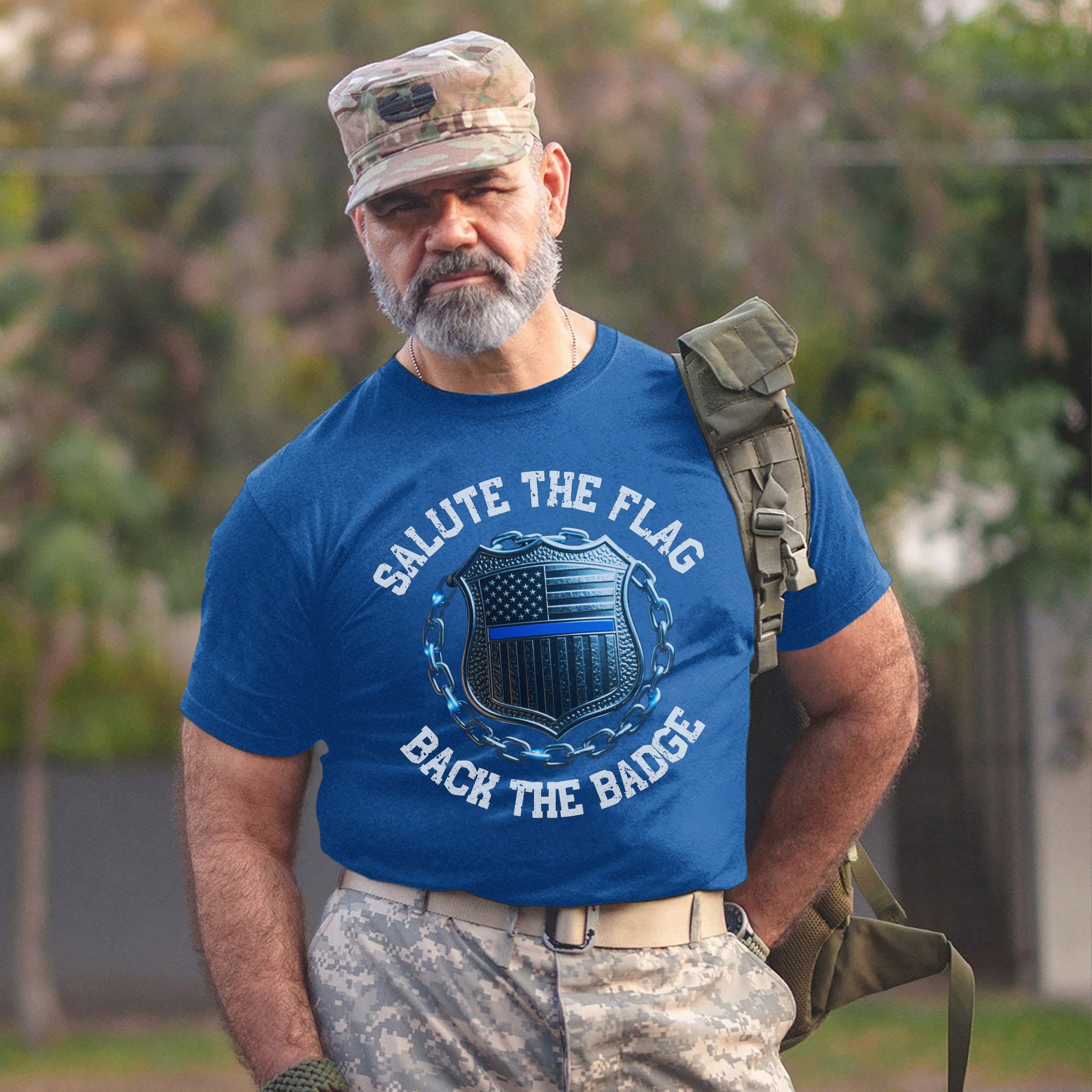 Salute the Flag Back the Badge Proud US Military Veteran Patriotic Support T-Shirt