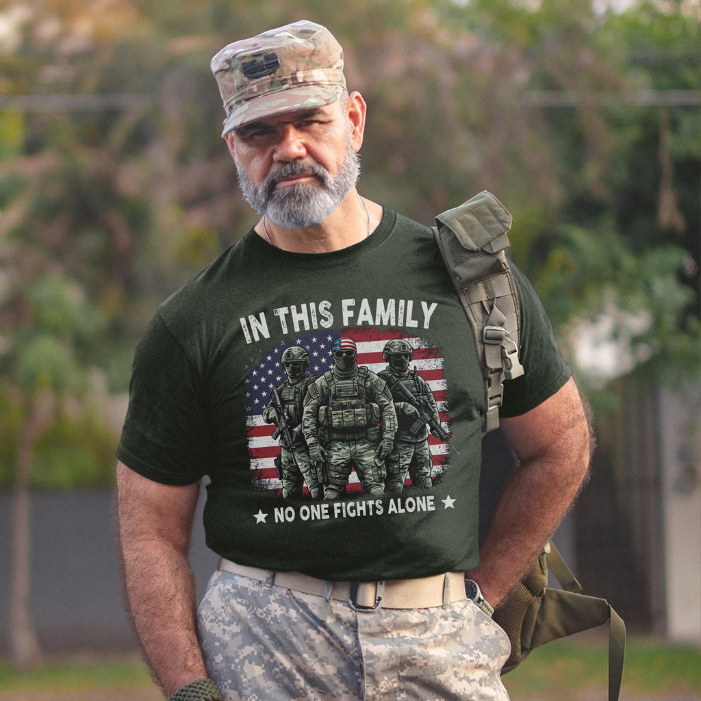 In This Family No One Fights Alone United by Love Strength and the Spirit of a Veteran’s Bond T-Shirt