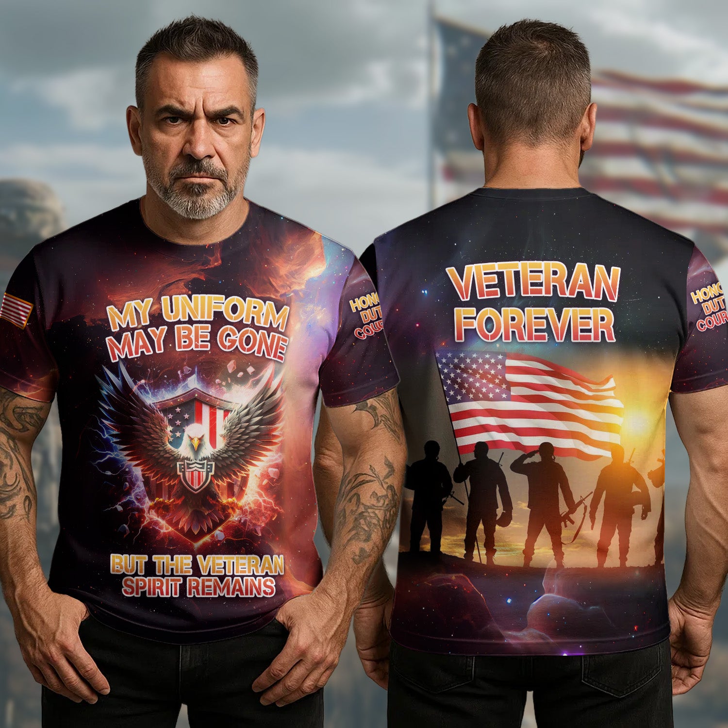 MY UNIFORM MAY BE GONE, BUT THE VETERAN SPIRIT REMAINS, FOREVER VETERAN All-over Print T-Shirt